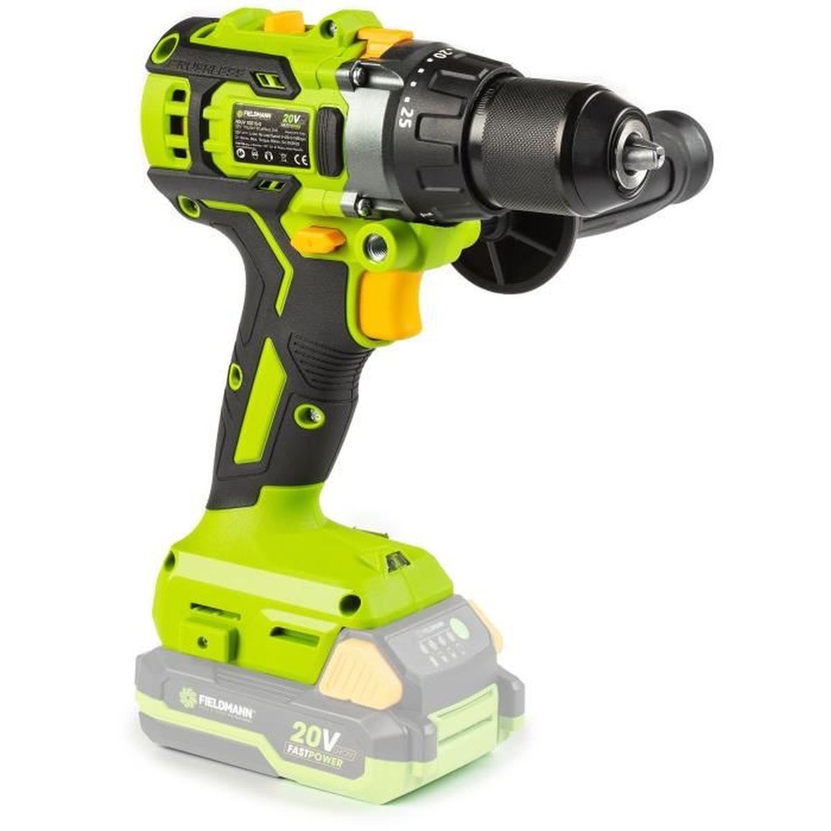 Un trapano avvitatore verde e nero senza fili con batteria, su sfondo bianco.