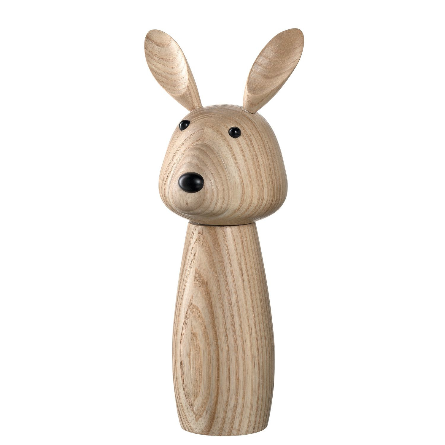 Figur aus Holz, ein Hasenkaninchen mit langen Ohren und schwarzen Augen. Naturholzfarbe.