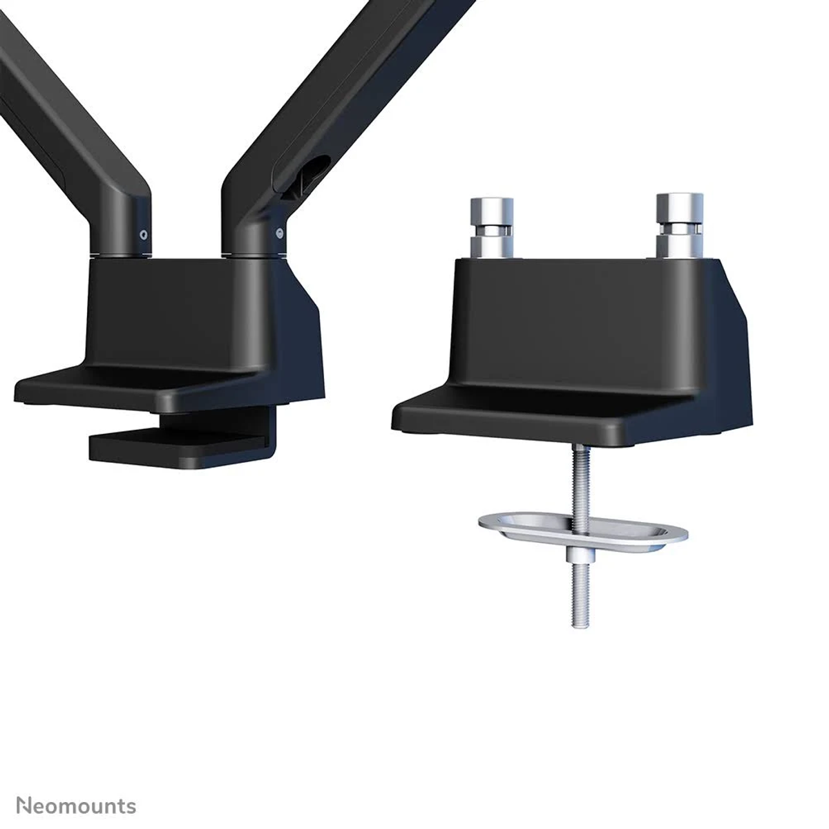 Black dual monitor arm with two mounting points and a silver screw mechanism.