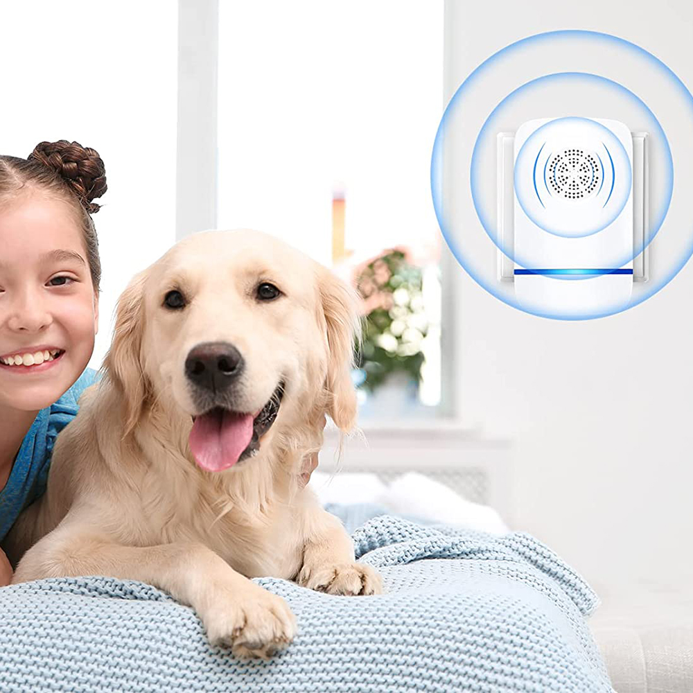 Mädchen mit Hund. Kleines weißes Gerät an der Wand. Das Mädchen lächelt, der Hund ist glücklich.