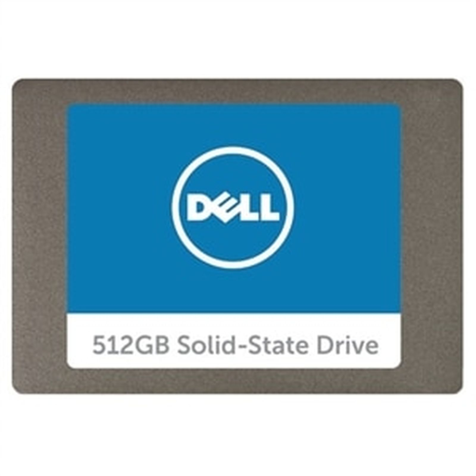 Dysk SSD Dell 512GB. Ma niebieską etykietę z logo Dell na szarej obudowie.