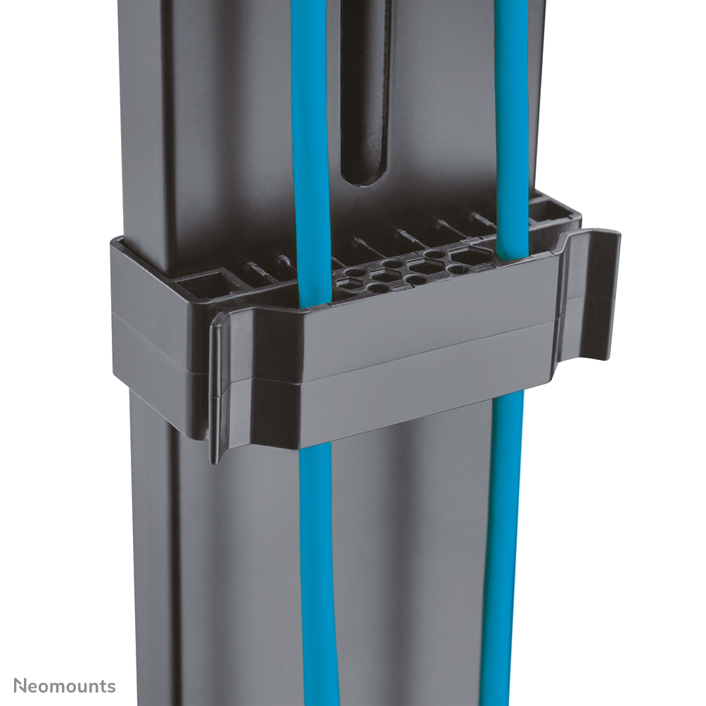 Close-up of a dark gray vertical cable management system with blue cables.