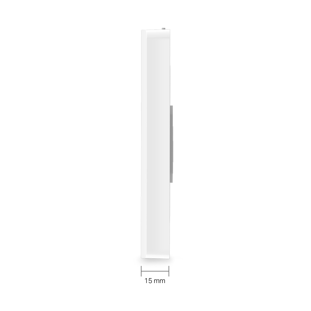 Una luminaria delgada, blanca, montada en la pared. El perfil lateral muestra una forma pequeña y rectangular con una tira de metal.