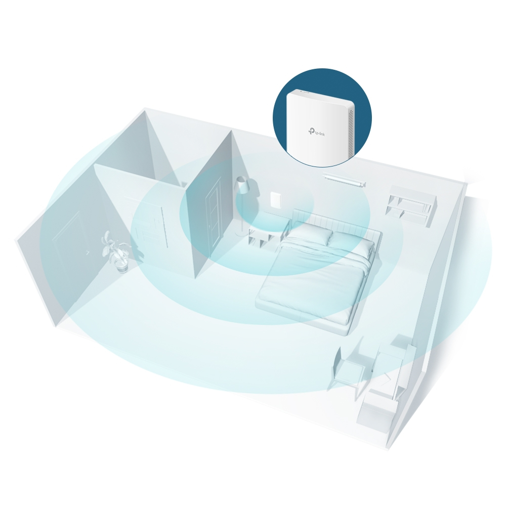 Un diagrama 3D de una habitación con un enrutador inalámbrico que muestra la cobertura de la señal.