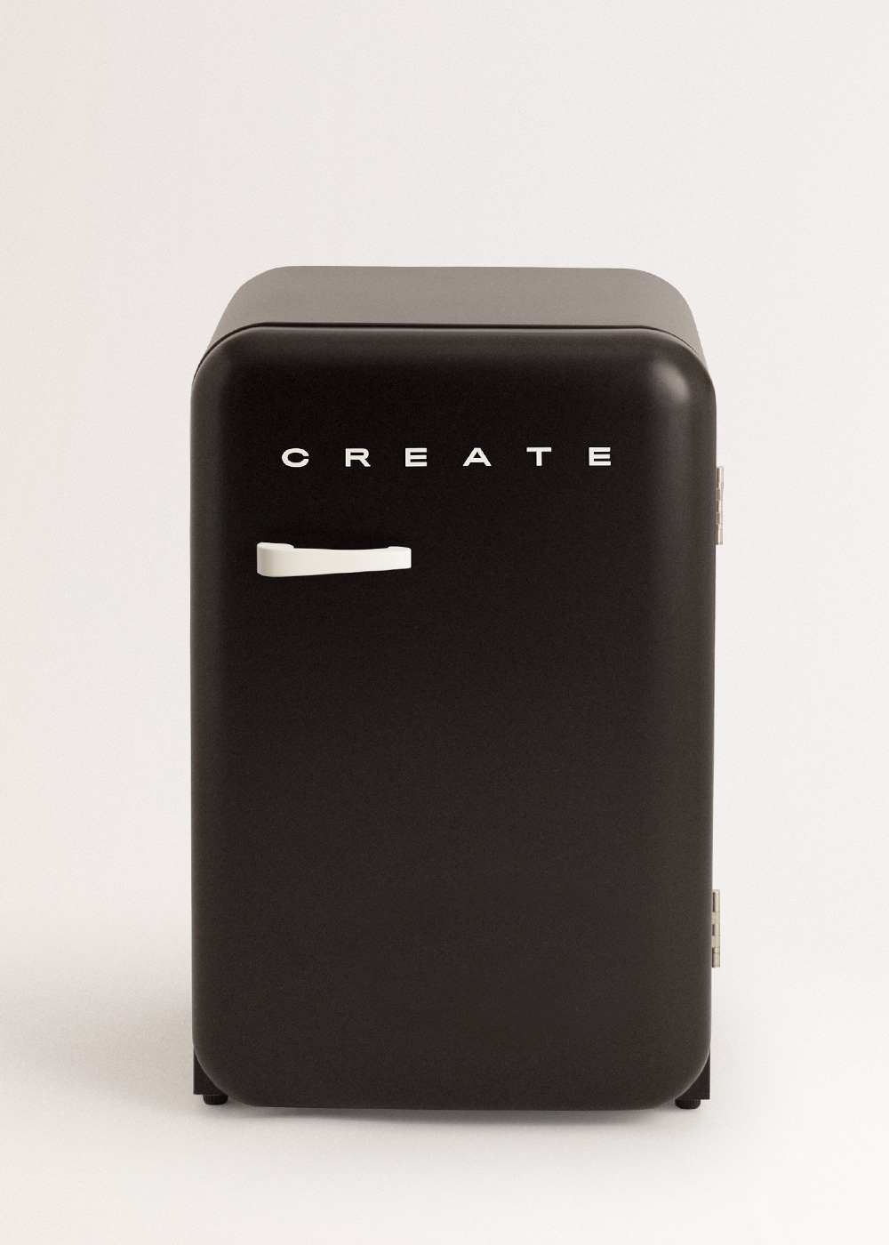 Mini nevera negra con texto 'CREATE' y asa blanca, fondo blanco.