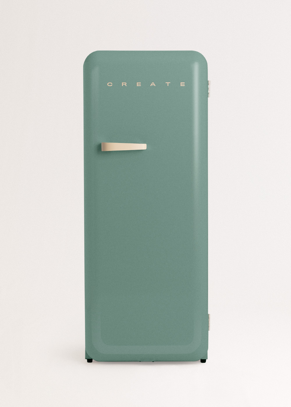 Un refrigerador verde con 'CREATE' escrito, la manija es de color crema.
