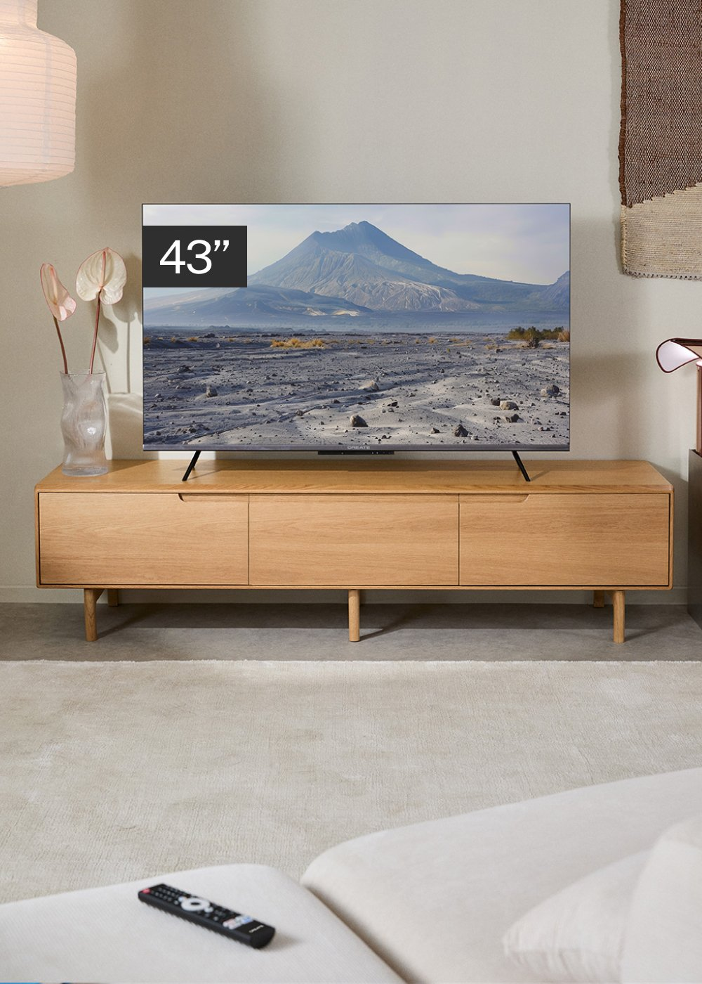 Televisor de 43 pulgadas sobre un mueble de madera con vista de montaña en pantalla.