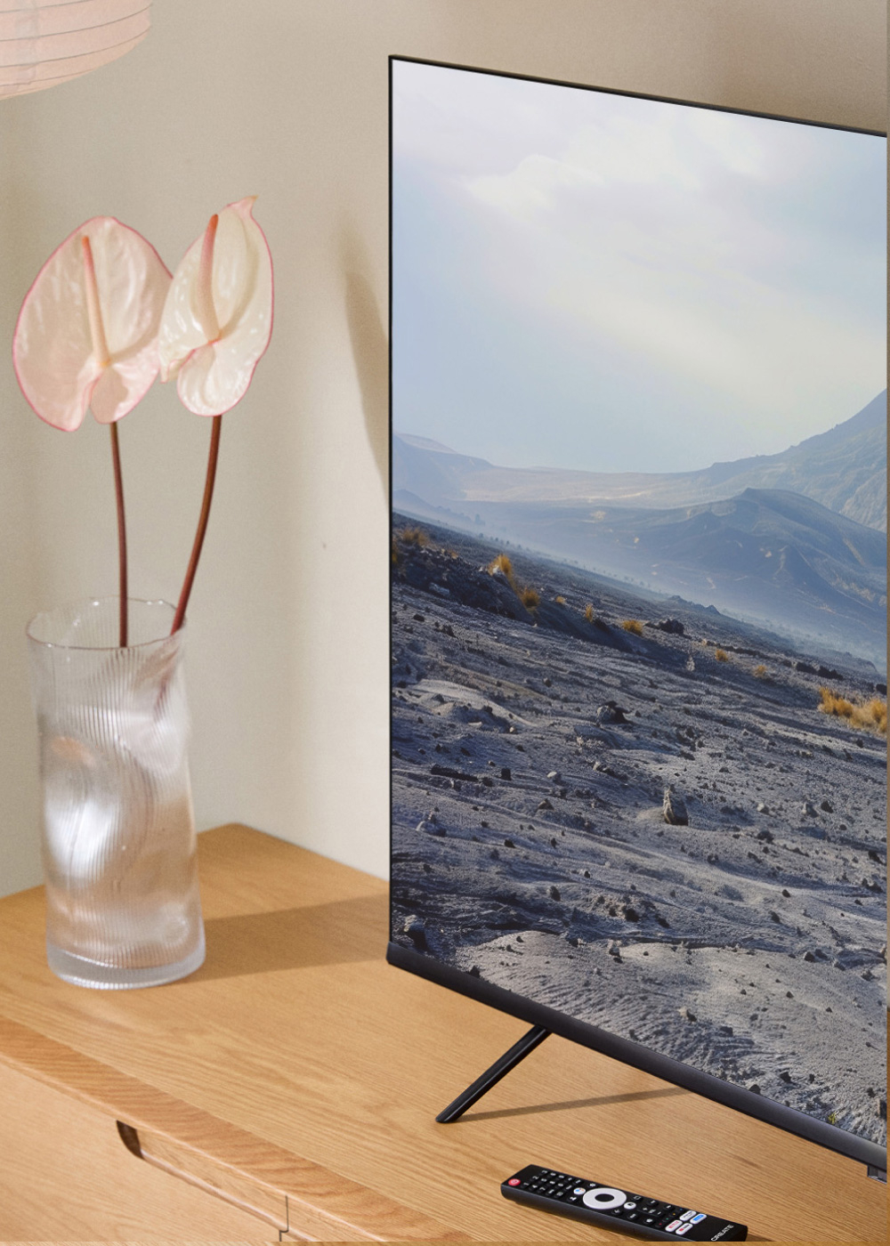 Una pantalla de TV grande mostrando un paisaje, flores en un florero al lado.