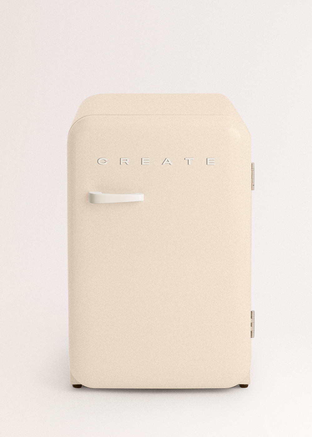 Nevera retro beige con CREATE al frente. Fondo blanco, diseño simple.