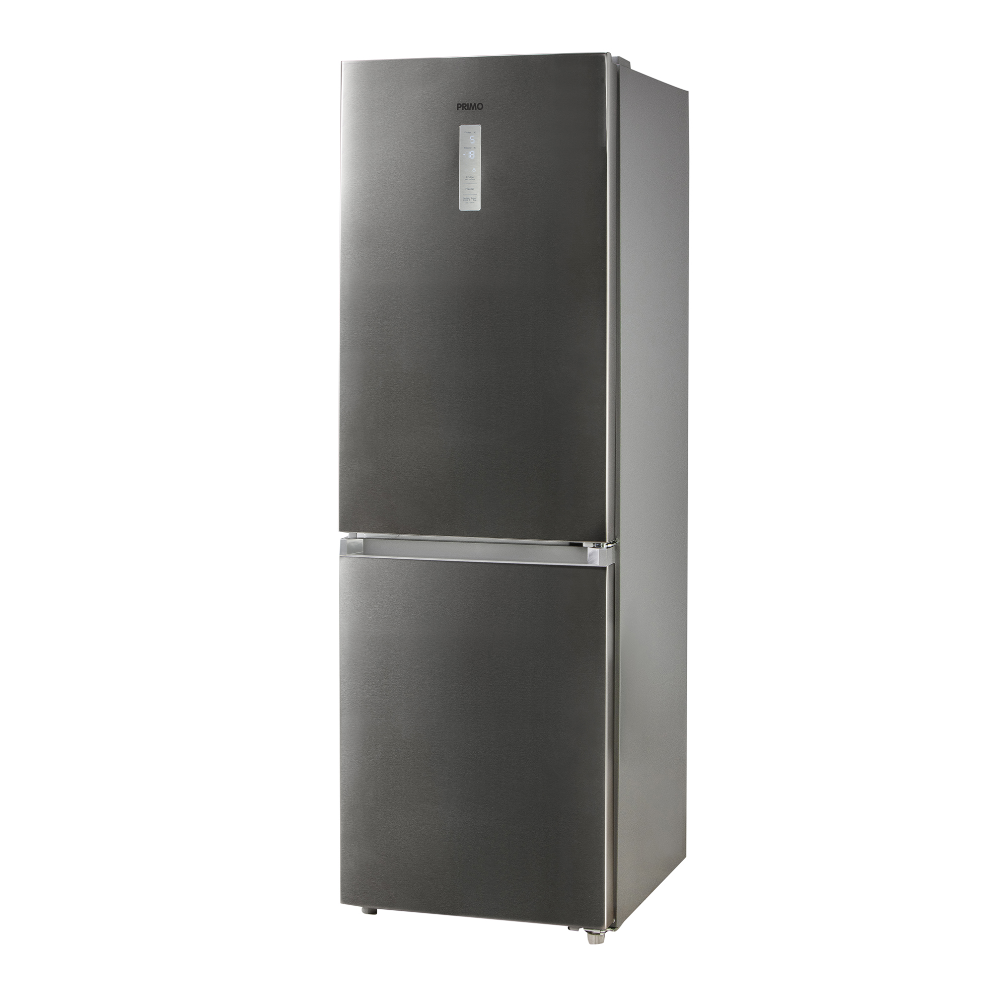 A refrigerator in a silver color with two doors. The brand name is on the top door.