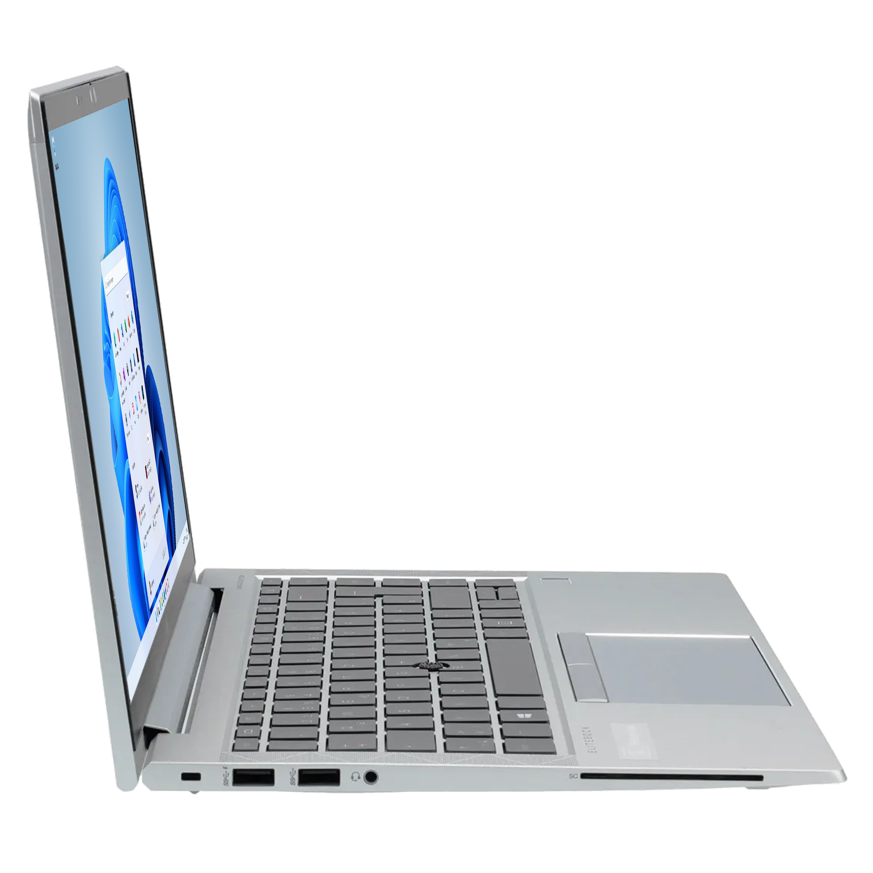 Ein silberner Laptop-Computer ist auf weißem Hintergrund geöffnet.
