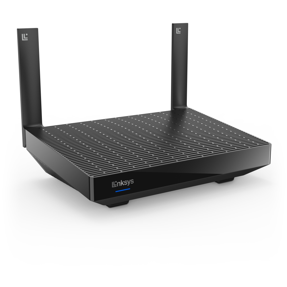Czarny router WiFi Linksys z dwiema antenami. Ma płaską konstrukcję i znajduje się na białej powierzchni.