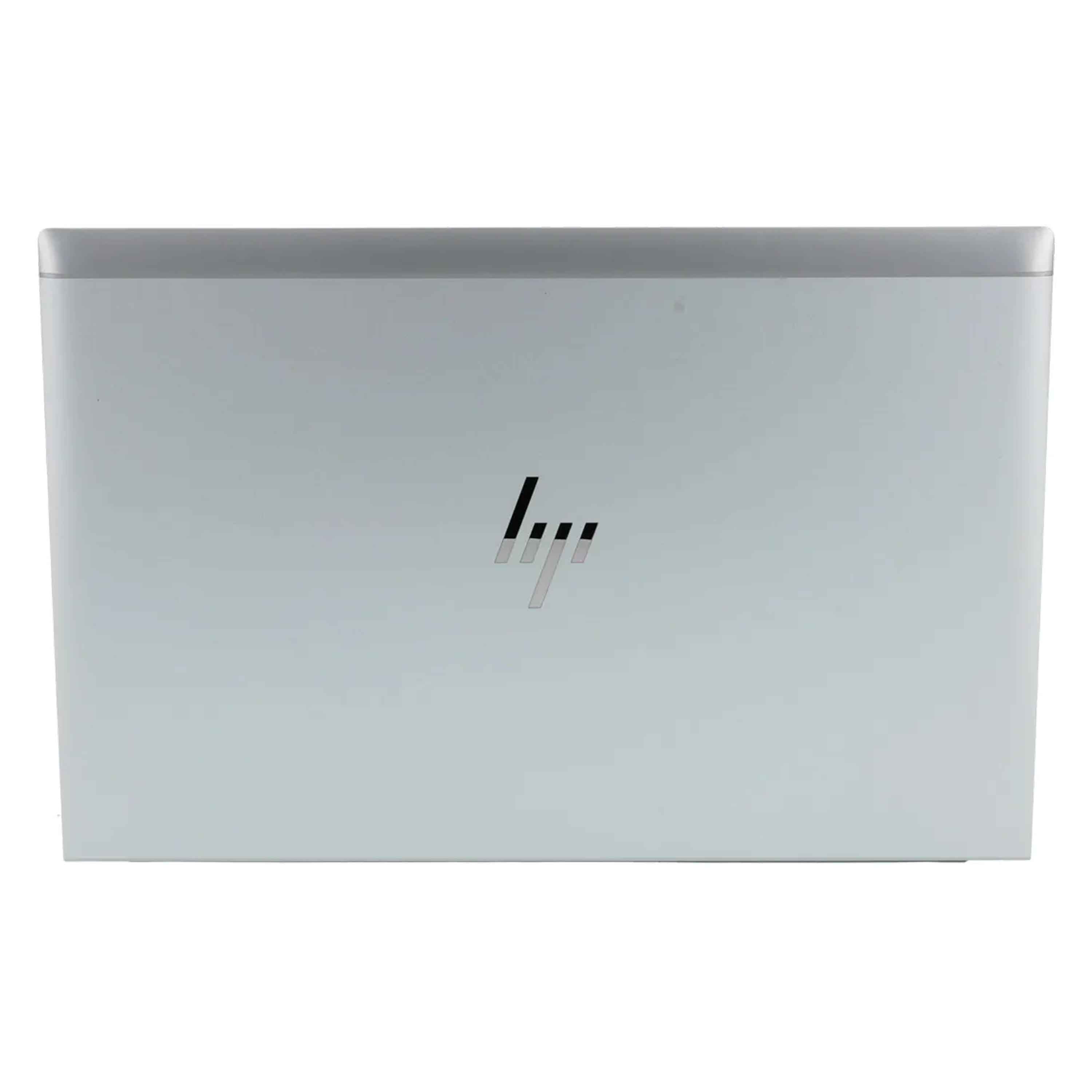 Rückseite eines hellgrauen Laptops mit mittig platziertem HP-Logo, auf weißem Hintergrund.