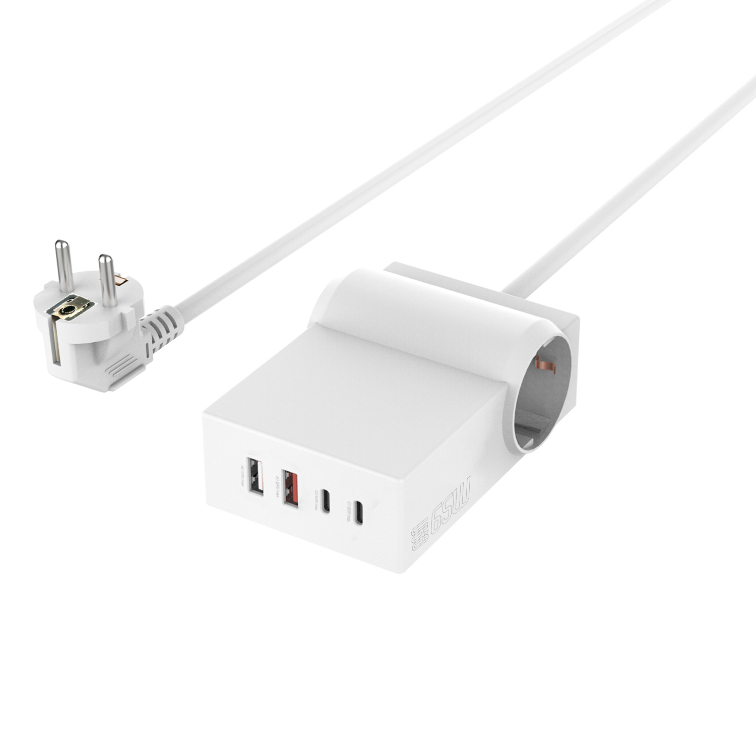 White power strip with plug. USB and power ports. 65W.