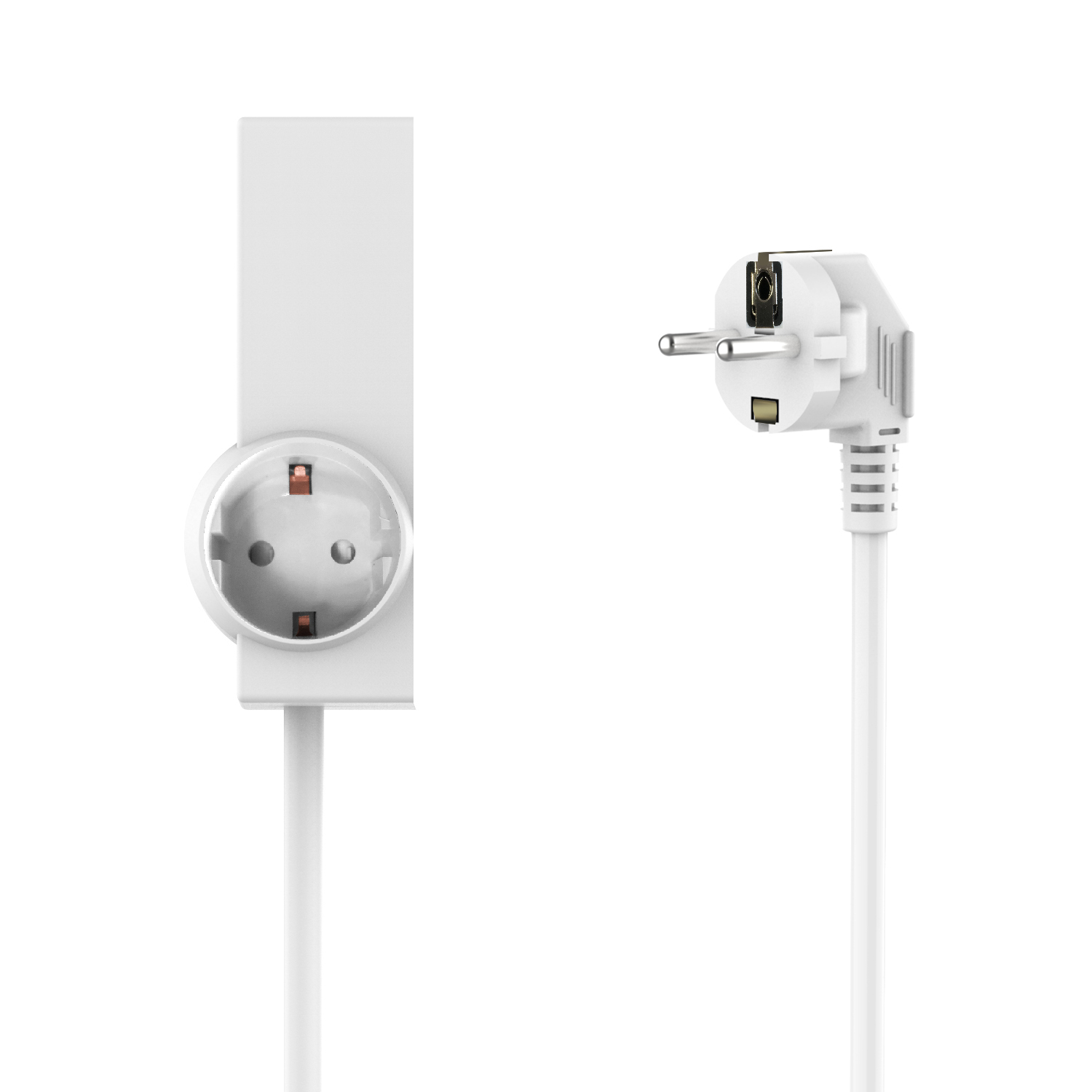 A white power strip with a white plug. The outlet is on the left, plug on the right.