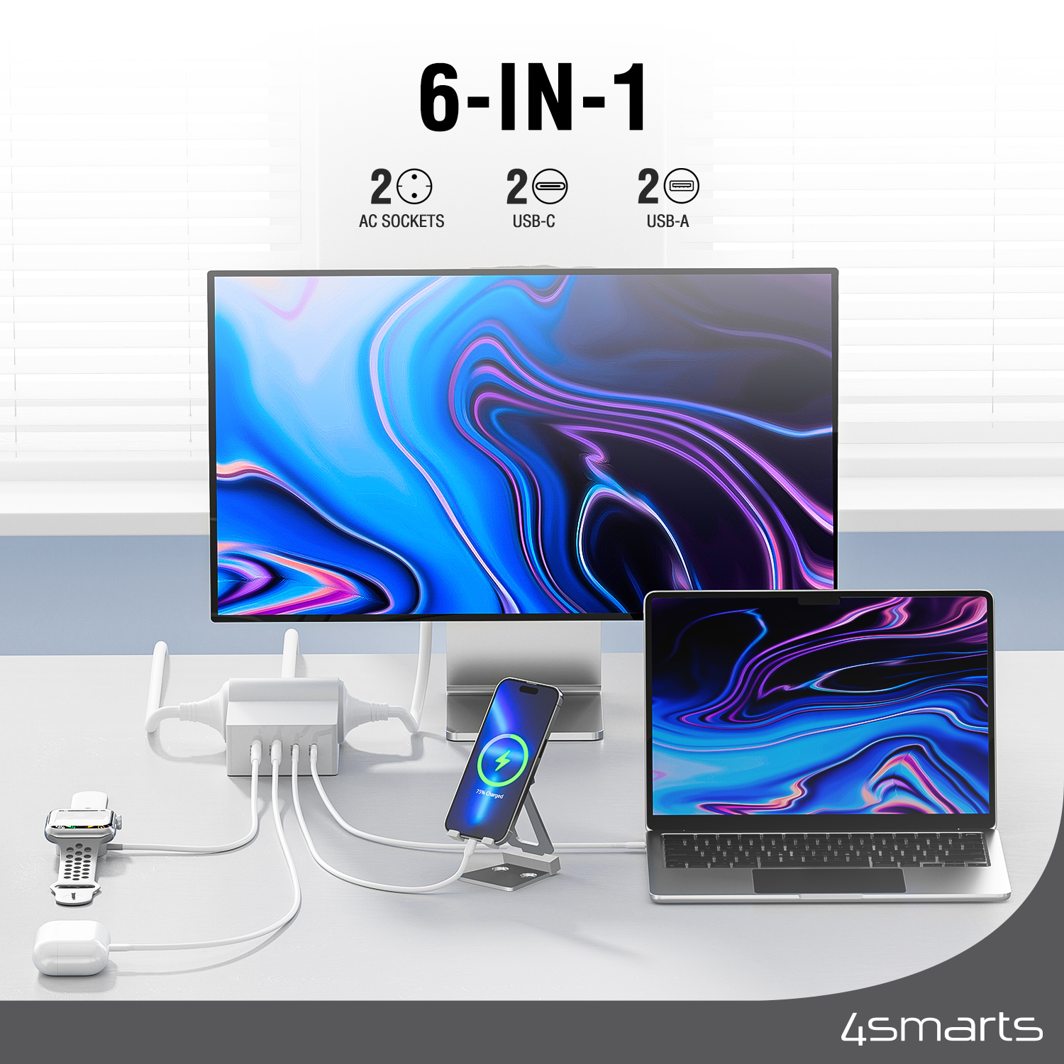 6-in-1 tech setup. Monitor, laptop, phone, smartwatch, earbuds, and a multi-port adapter.