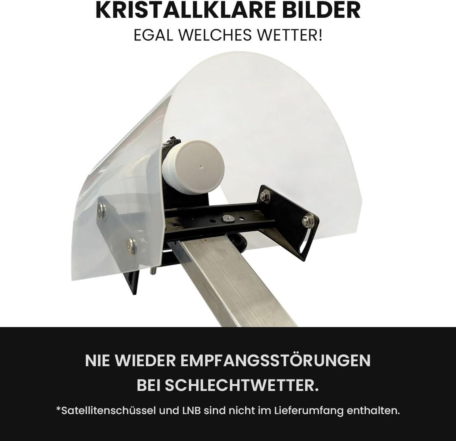 Weißes Gerät mit klarer Abdeckung, auf Metallrahmen montiert. Text: kristallklare Bilder.