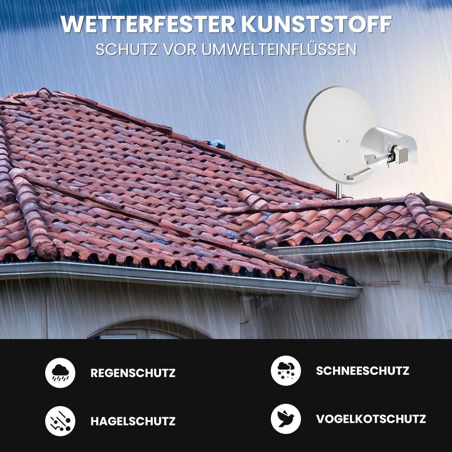 Eine Satellitenschüssel auf einem Dach mit Text über Wetterschutz: Regen, Schnee, Hagel, Vogel.