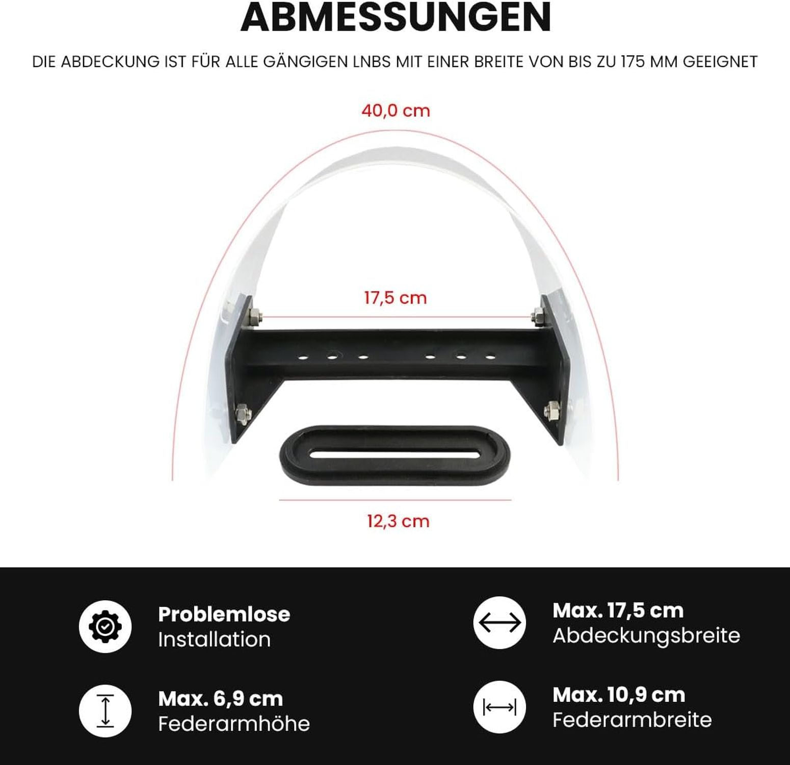 Ein weißer LNB-Halter mit Abmessungen. Er zeigt Größeninformationen mit Maßen in cm.