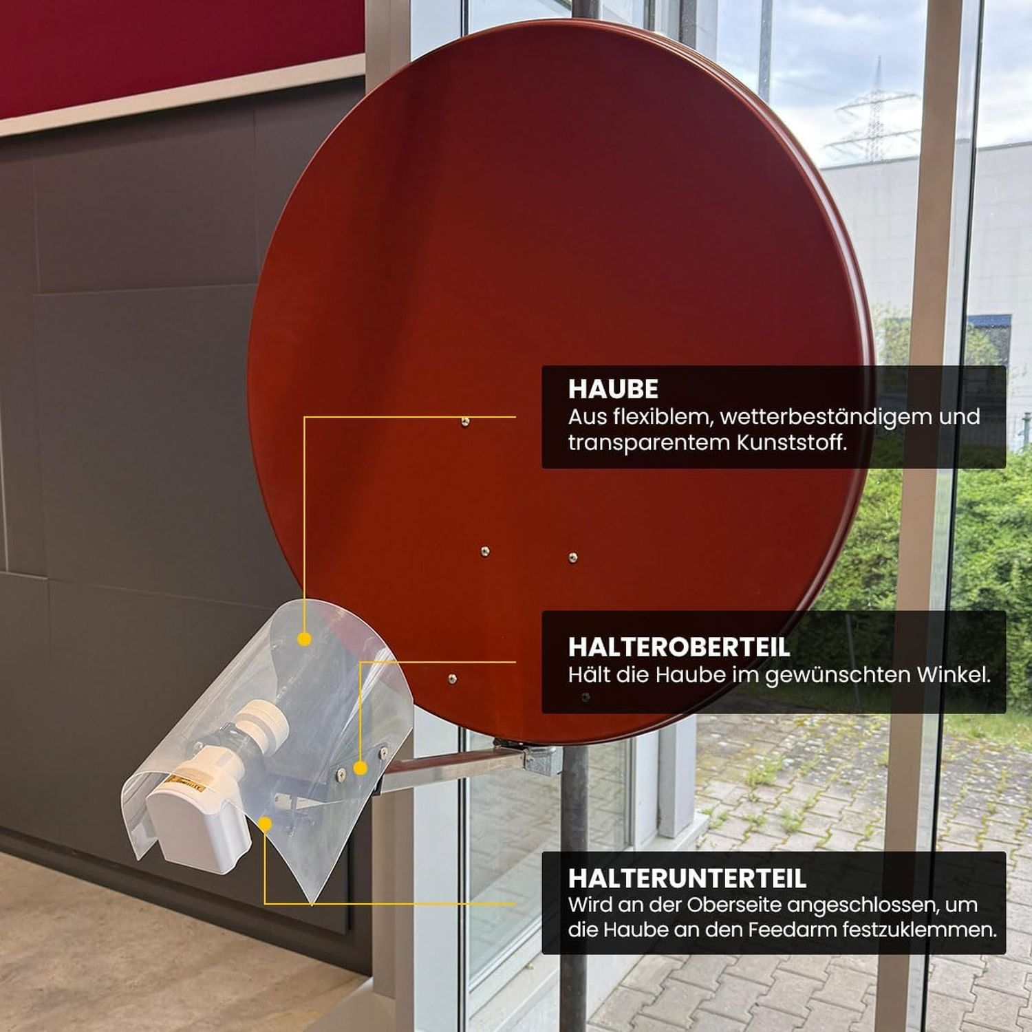 Roter Satellitenspiegel mit beschrifteten Teilen: Haube, Halteroberteil und Halterunterteil, außen an einem Gebäude montiert.