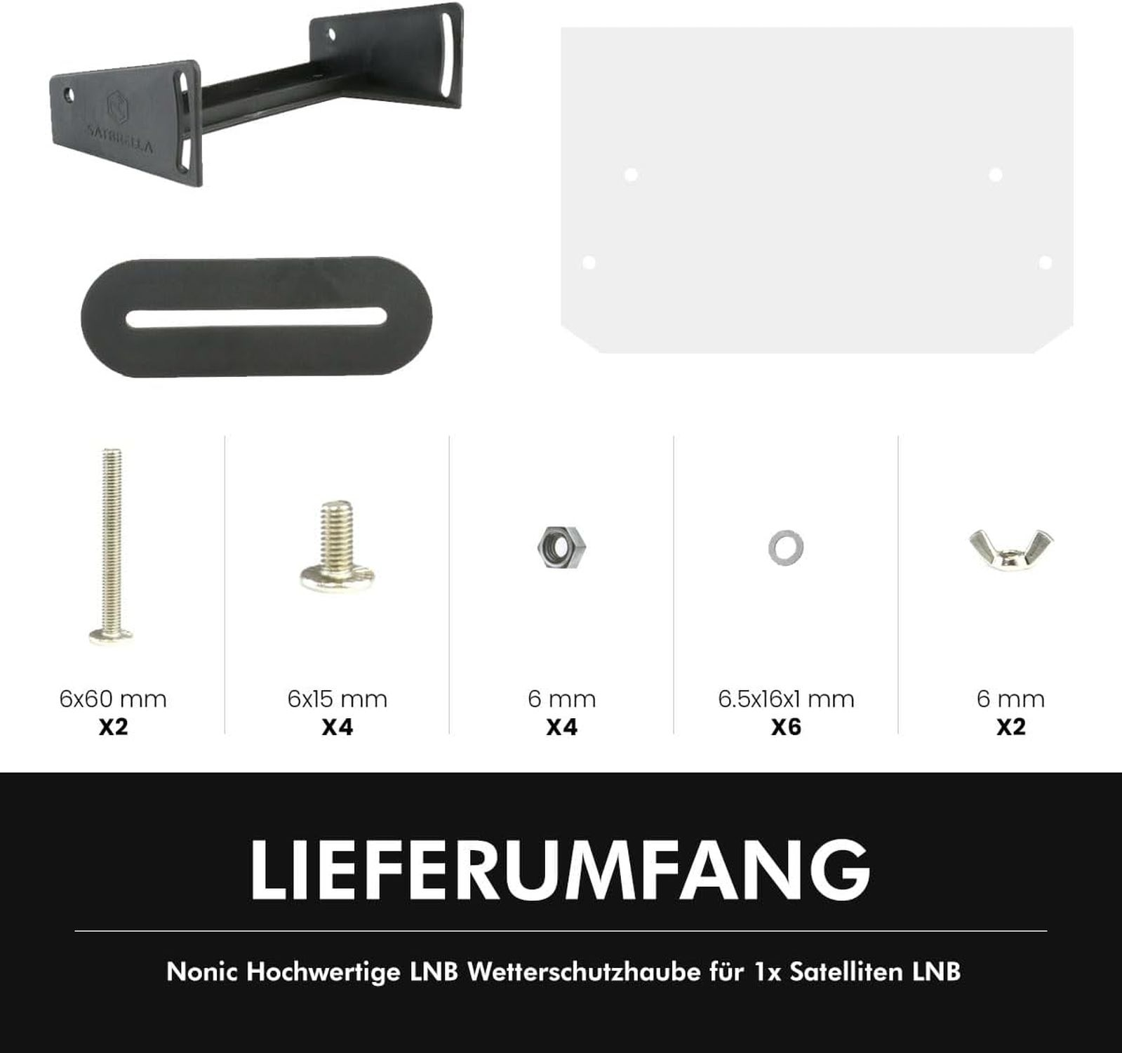 Verschiedene Satellitenschüssel-Montageteile, darunter Halterungen, Schrauben und eine Wetterschutzhaube.