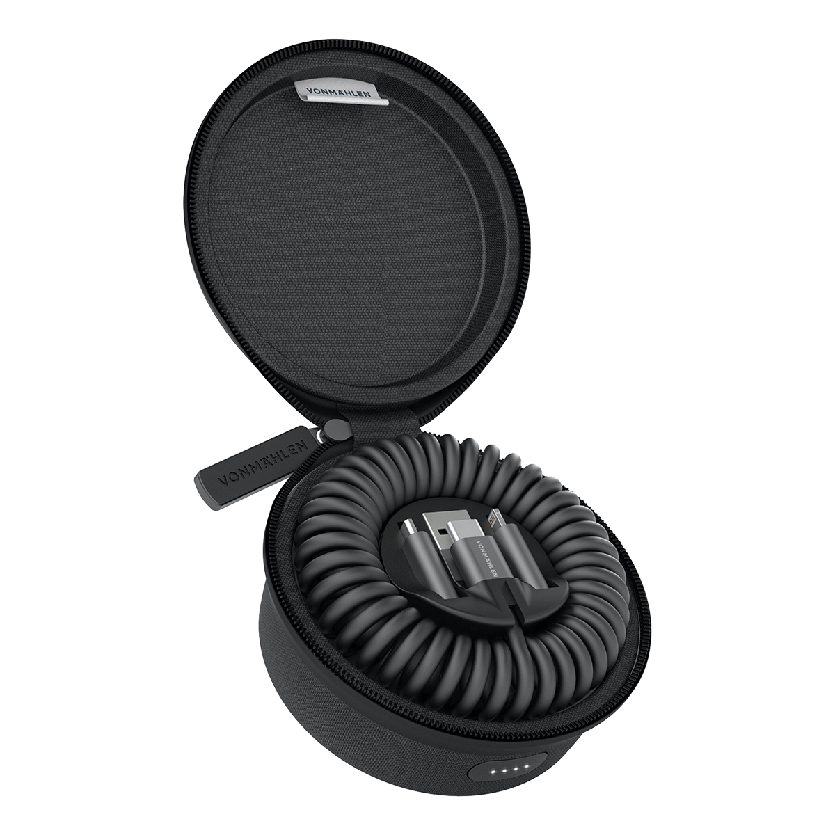 Étui rond noir avec un câble de charge en spirale à l'intérieur. L'étui est ouvert.