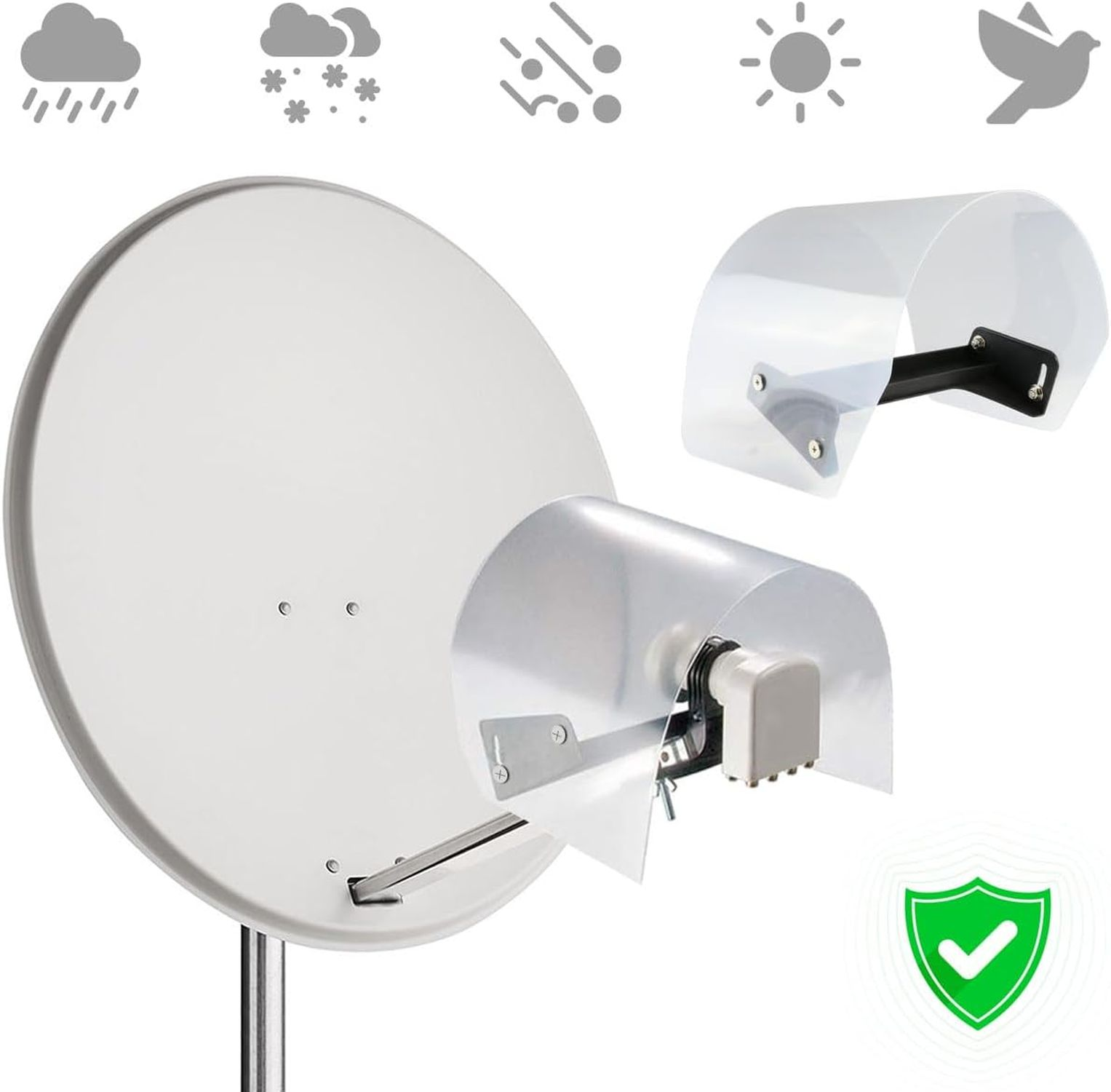 Eine Satellitenschüssel mit Wetterschutz und Wettersymbolen in der oberen linken Ecke.