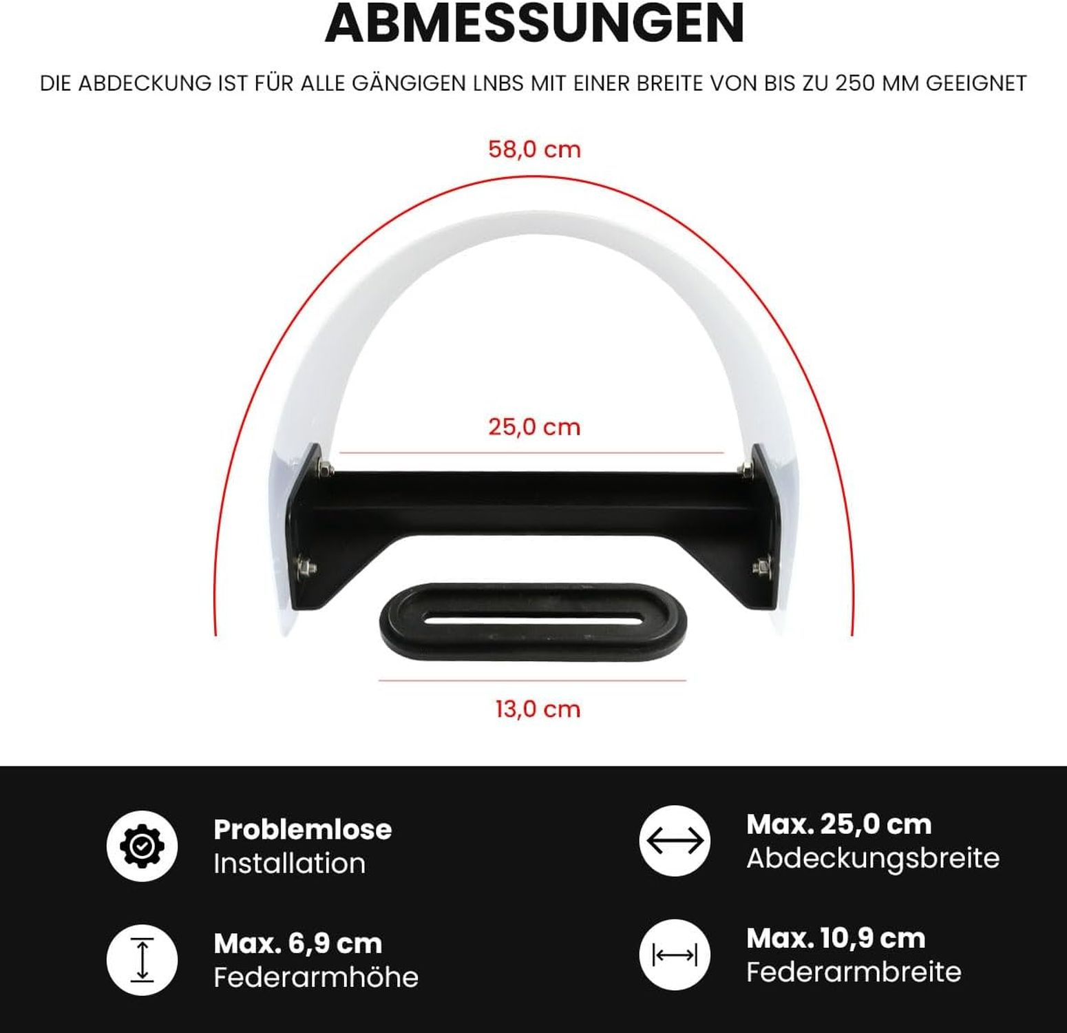 Diagramm mit Abmessungen eines Produkts, einschließlich Höhe und Breite. Ein gebogener weißer Halter ist abgebildet.