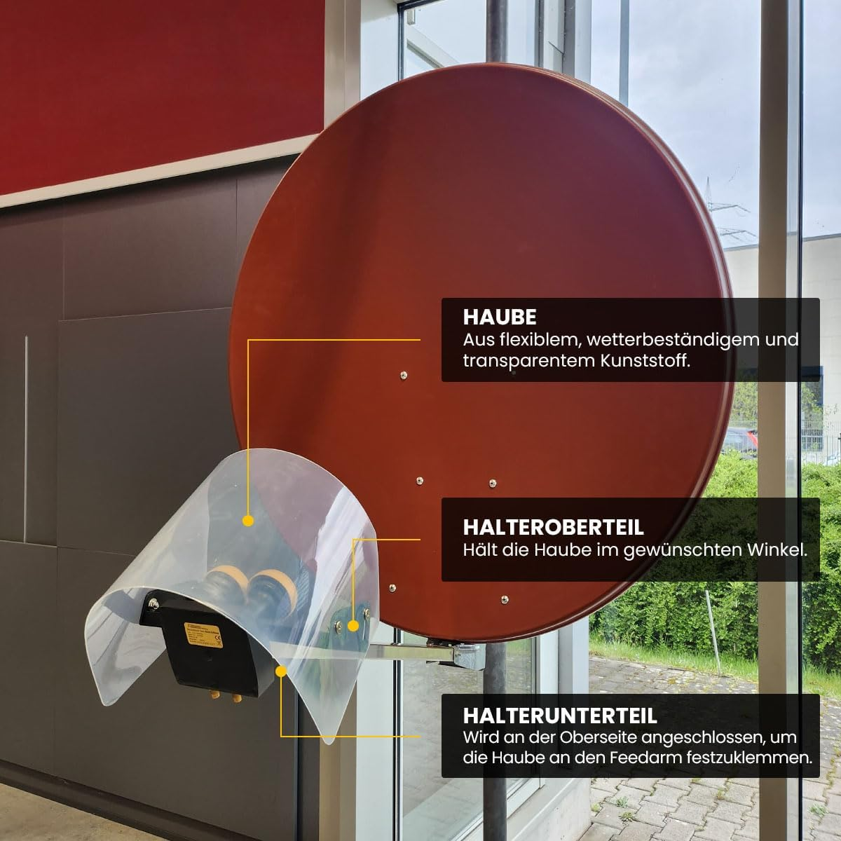 Eine Satellitenschüssel mit transparenter Haube und Textbeschriftungen. Die Schüssel ist braun, im Freien montiert.
