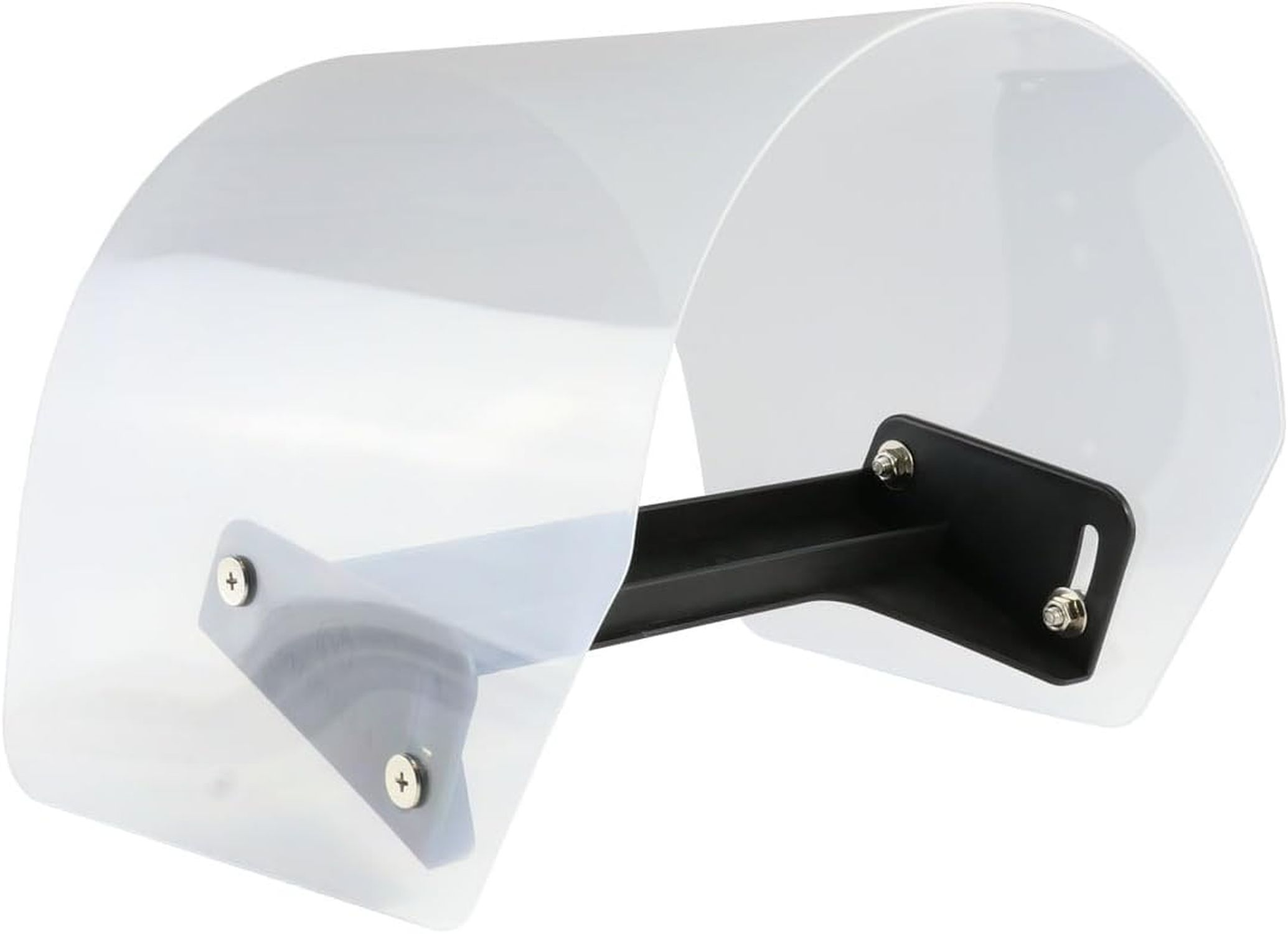 Transparenter Windabweiser mit schwarzem Halter und Schrauben, auf weißem Grund.