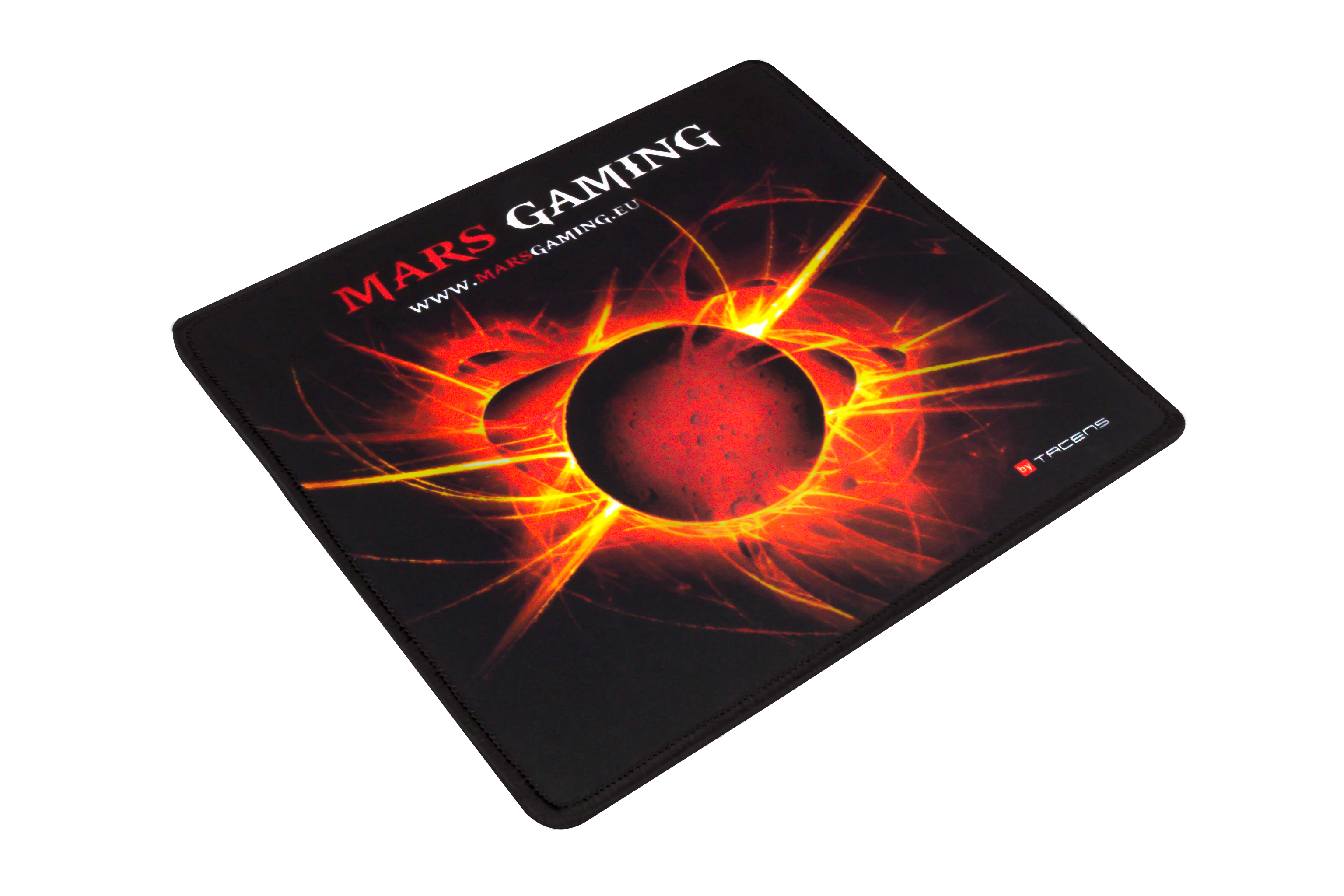 Mars Gaming muismat. Zwart met een rode en oranje planeet afbeelding en het MARS GAMING logo.