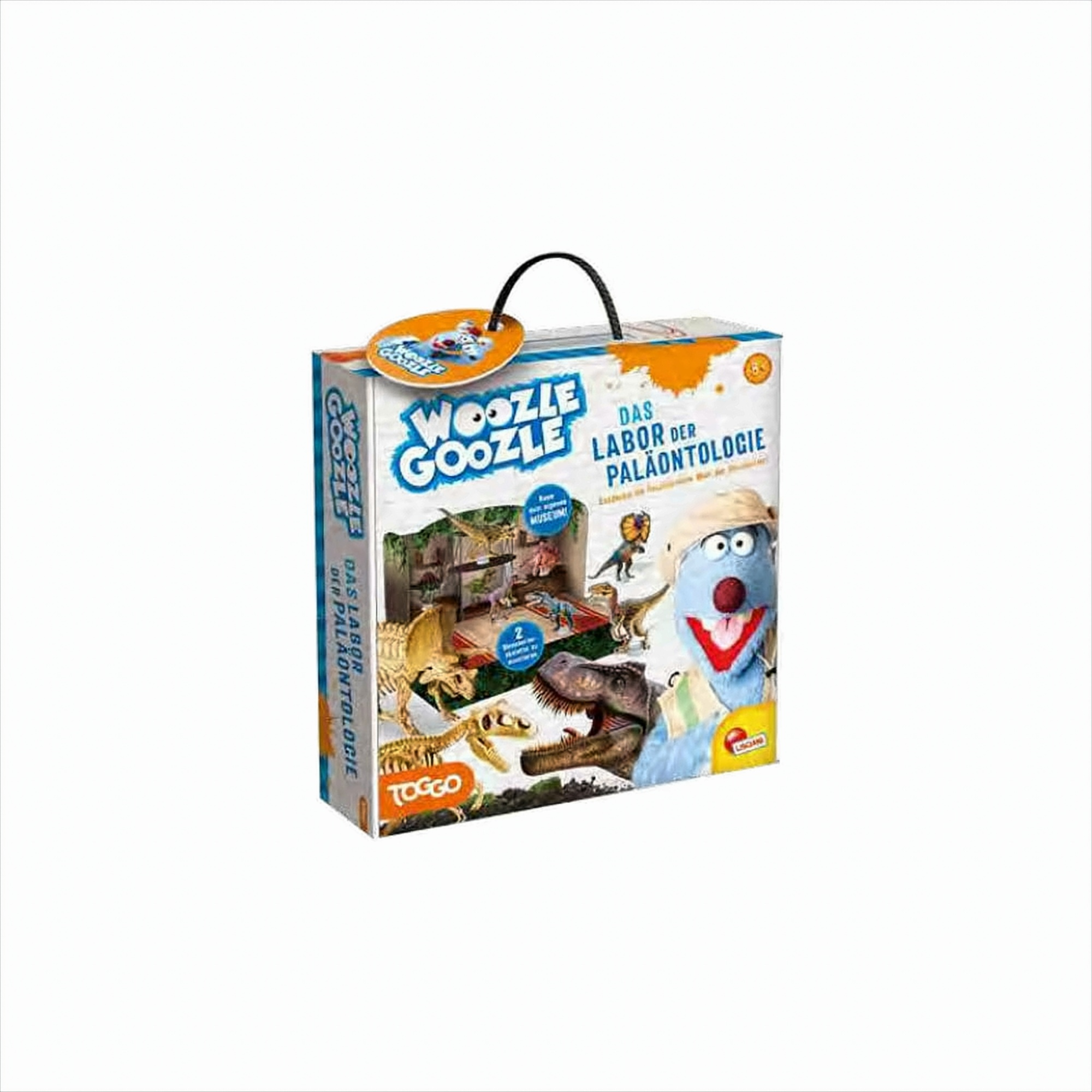 Verpacktes Spielzeugset: 'Woozle Goozle' mit Dinosauriern und einer Cartoonfigur.