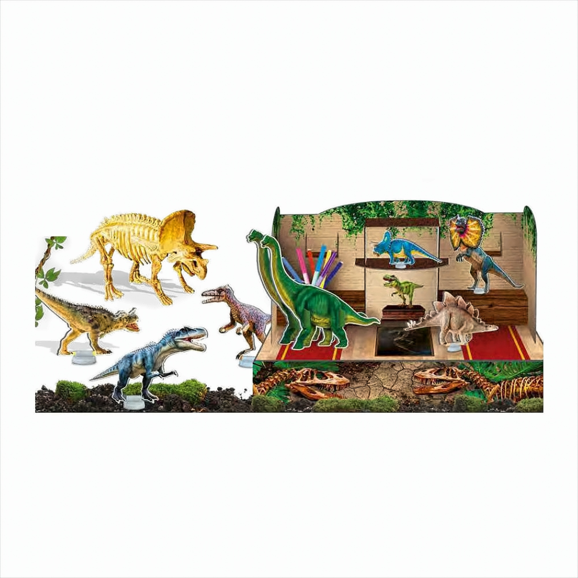 Dinosaurier-Diorama mit verschiedenen Dinosaurierfiguren, Pflanzen und Dekorationen.