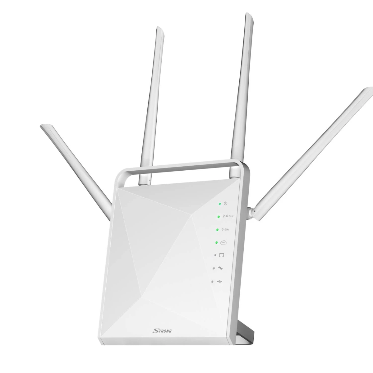 Router bianco con quattro antenne. Il router ha più spie e un supporto.