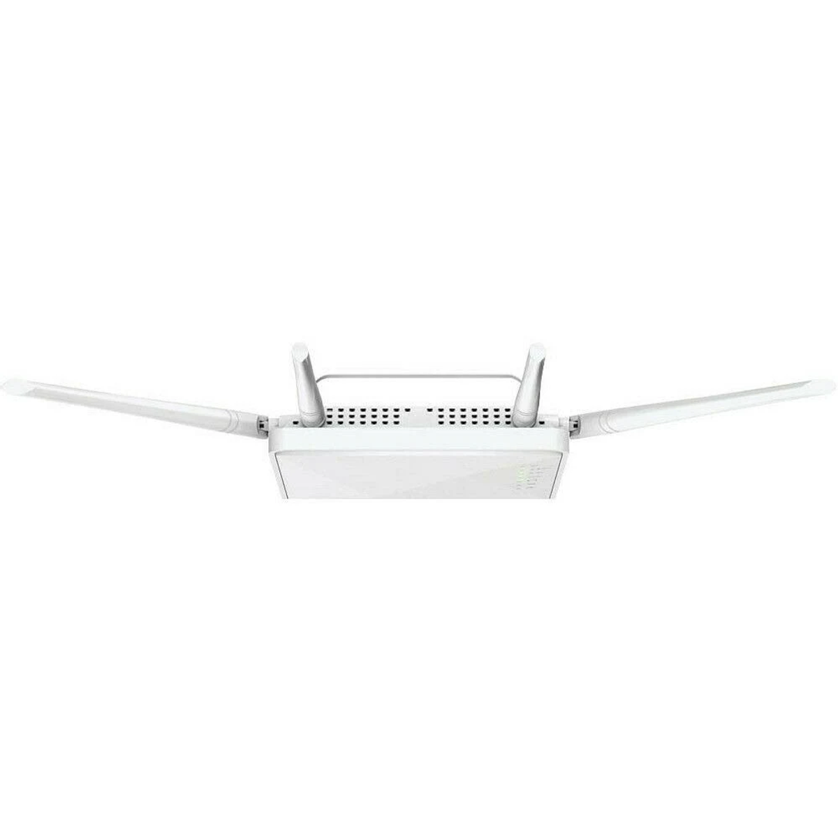 Router bianco con antenne estese, vista dall'alto. Ha linee tratteggiate e un logo.