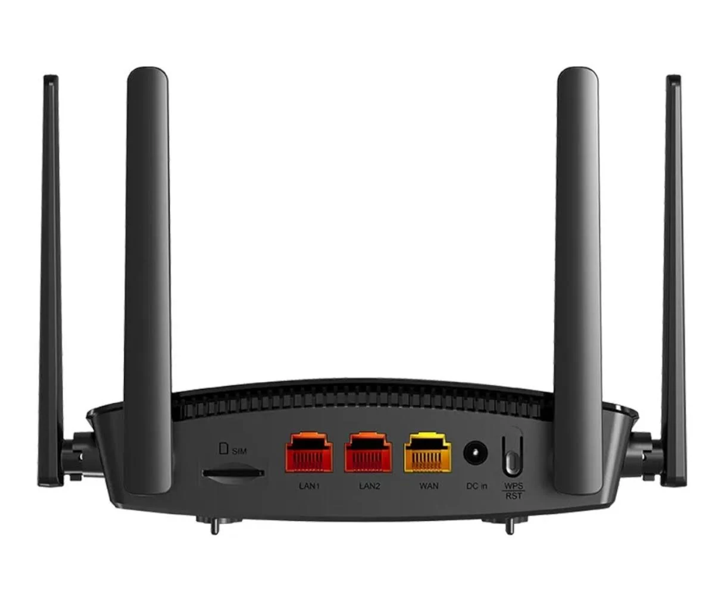 Czarny router z trzema antenami i różnymi portami z tyłu.