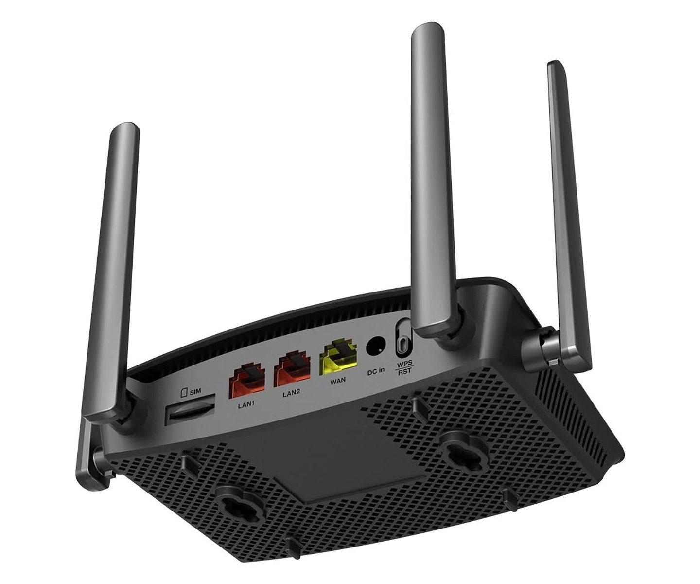 Tył czarnego routera z antenami, z portami LAN, WAN i innymi połączeniami.