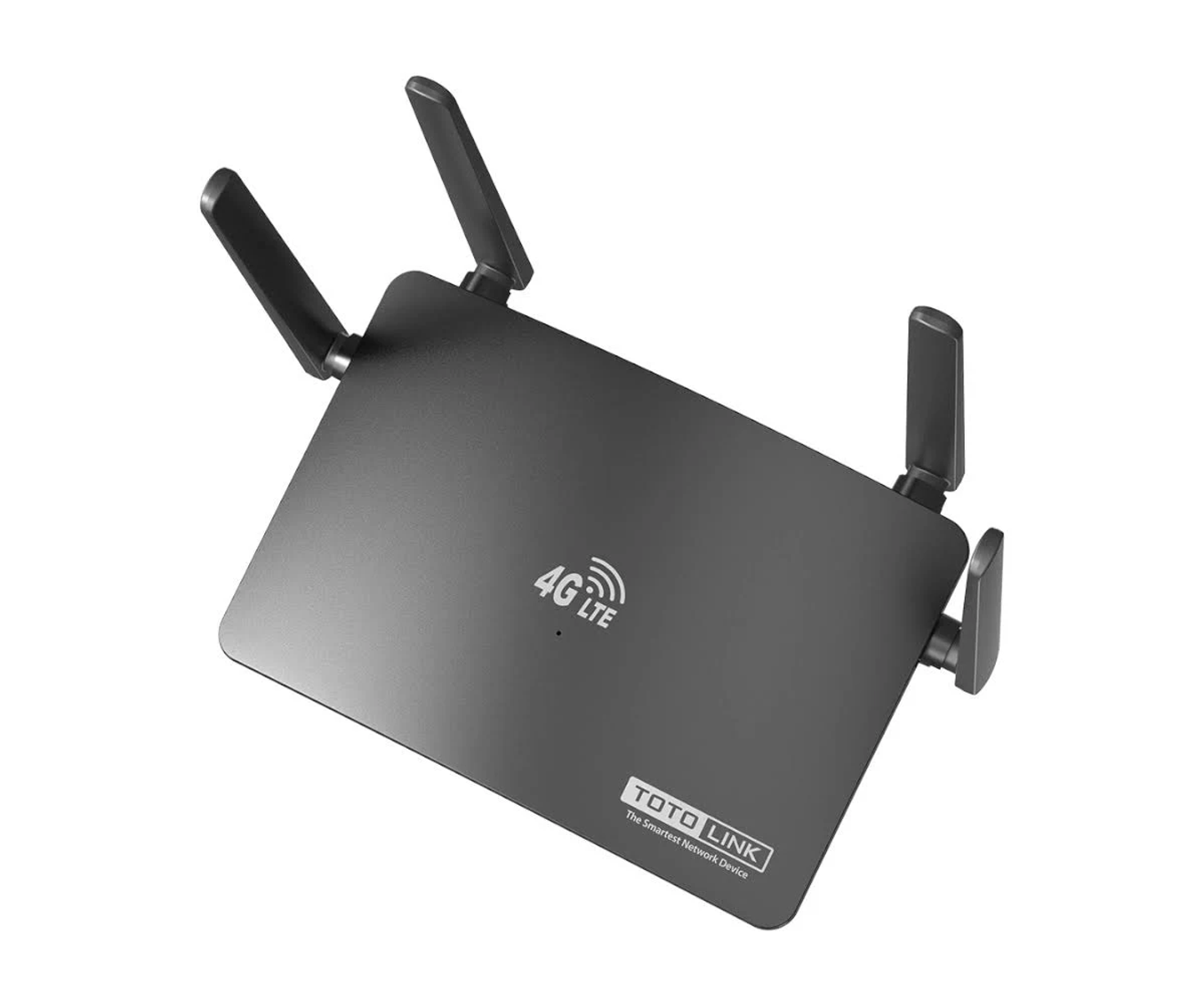 Czarny router z 4 antenami. Logo 4G LTE na górze. Białe tło.