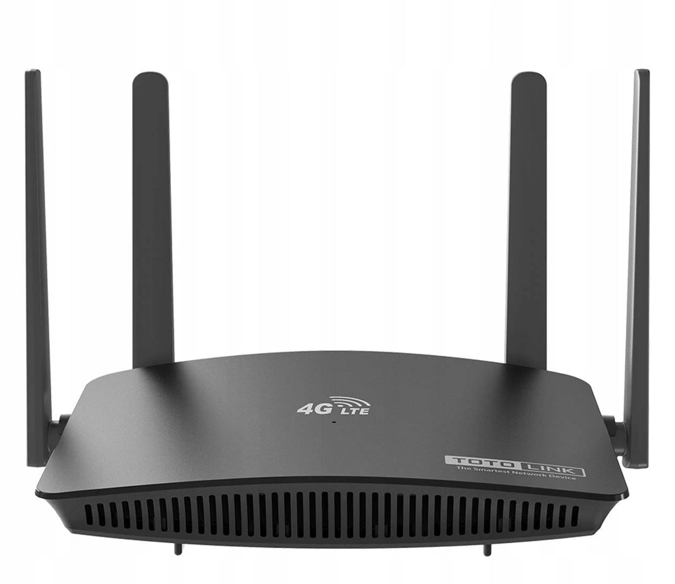 Czarny router Totolink 4G LTE z czterema antenami, widok z przodu, białe tło.