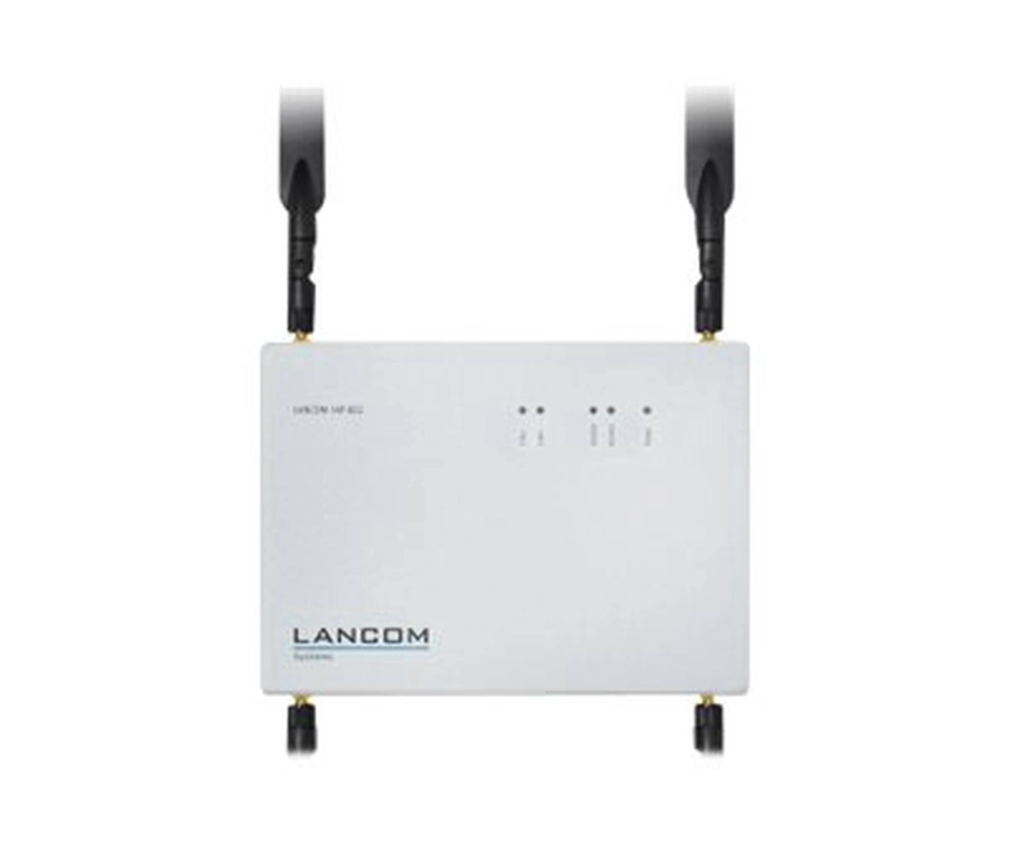 Biały router LANCOM z dwiema czarnymi antenami. Białe tło. Logo LANCOM Systems na dole.