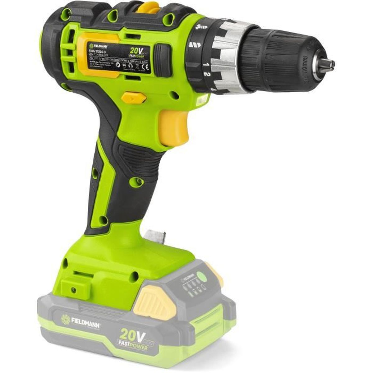 Trapano avvitatore verde e nero senza fili con batteria.