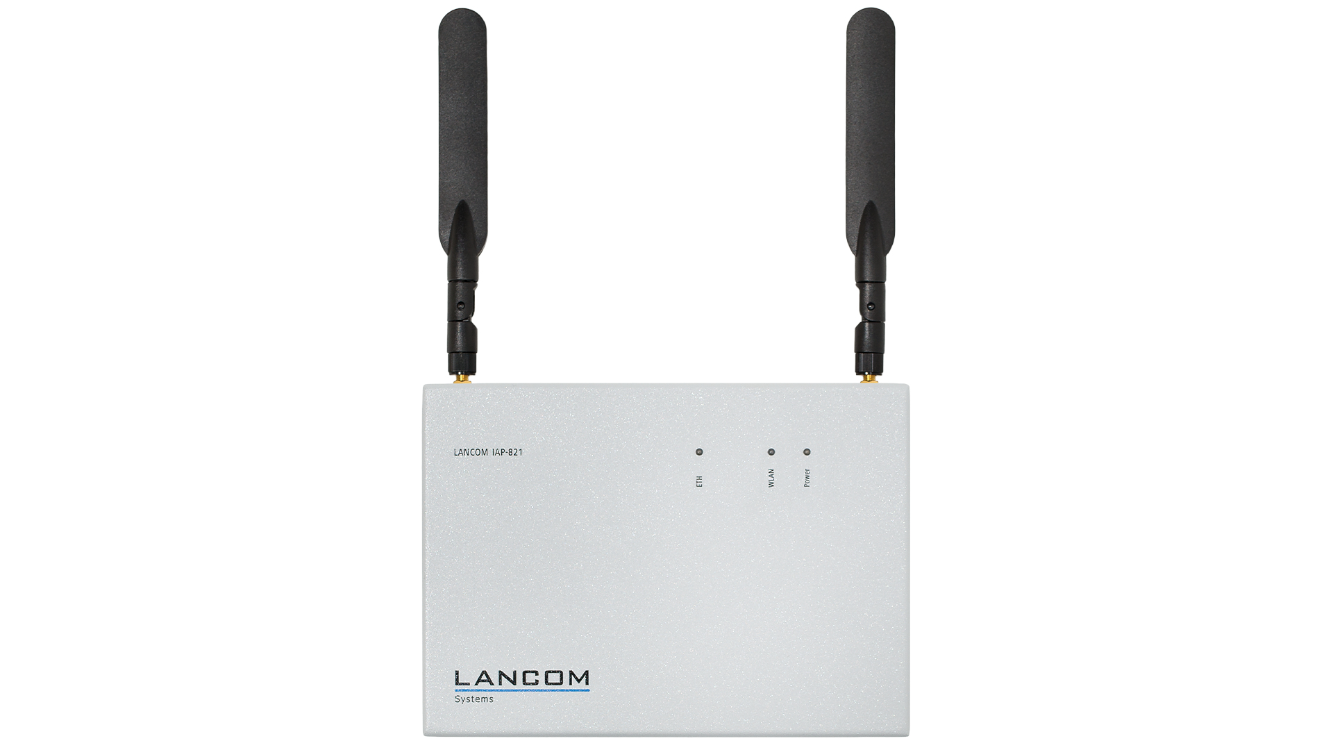 Biały router z dwiema antenami skierowanymi w górę. Logo LANCOM Systems z przodu.