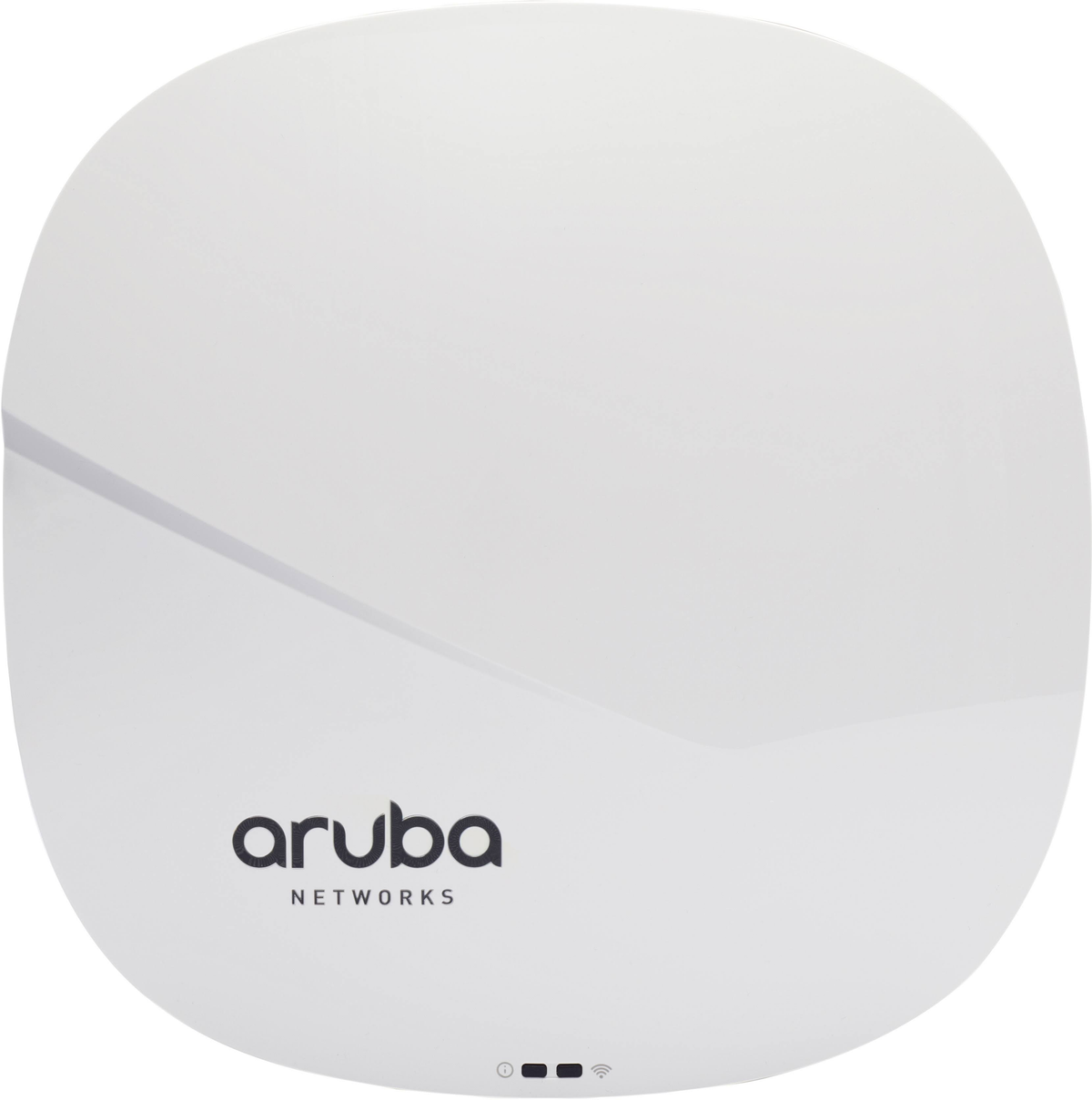 Białe, okrągłe urządzenie Aruba Networks, prawdopodobnie punkt dostępu bezprzewodowego, z logo.