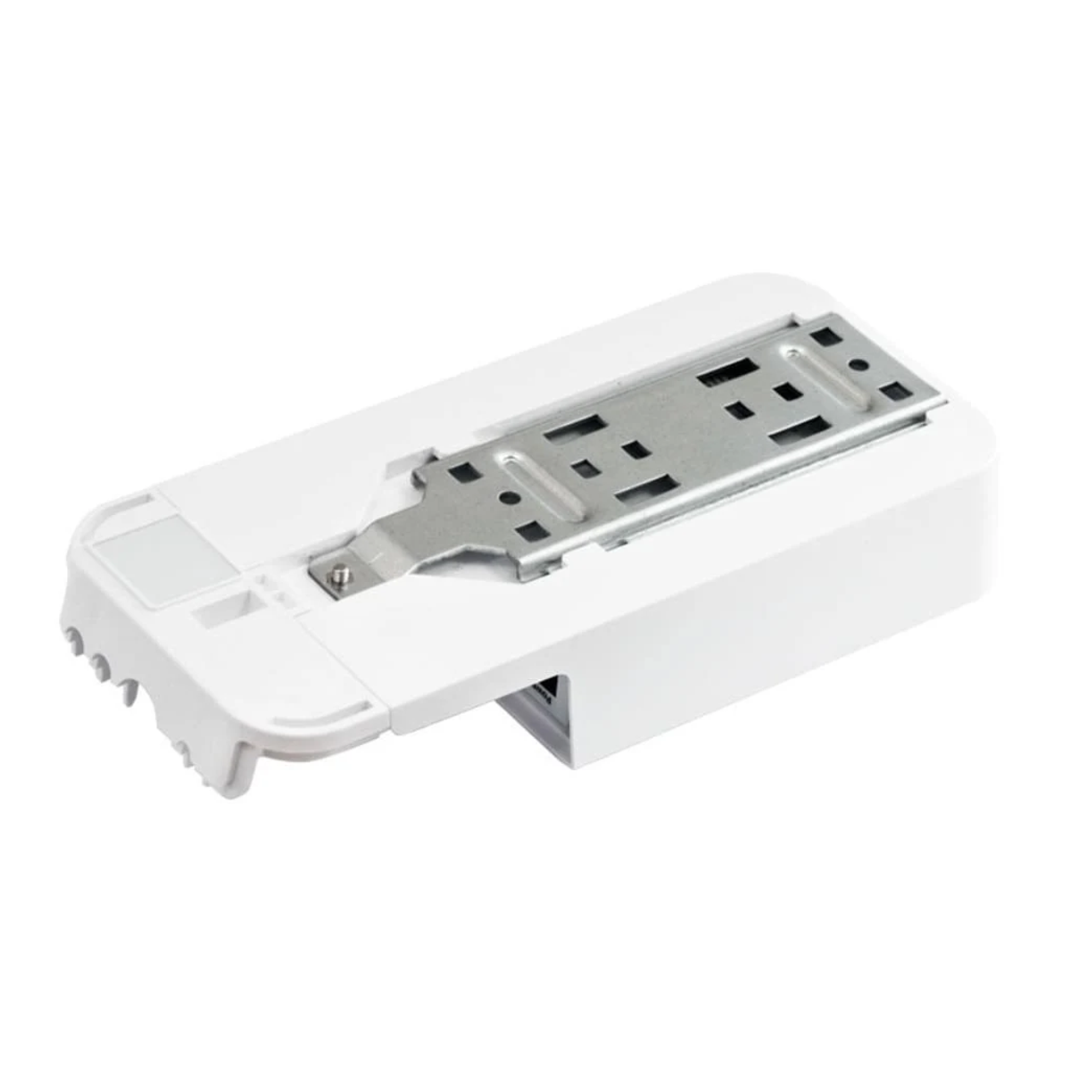 Białe prostokątne urządzenie z metalowym wspornikiem, widok z boku.