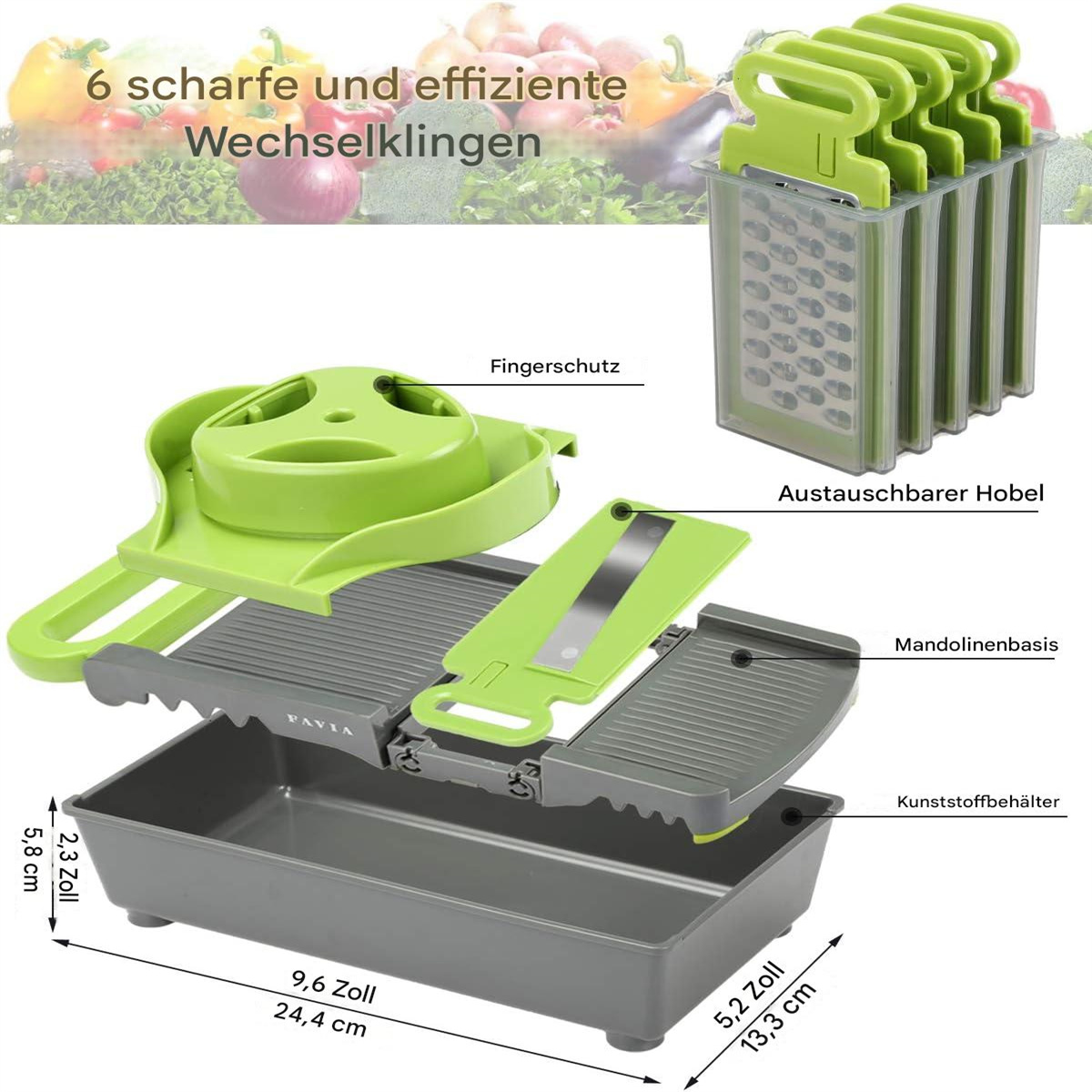 Zerlegter Gemüseschneider mit grünen und grauen Komponenten, Etiketten und Abmessungen.