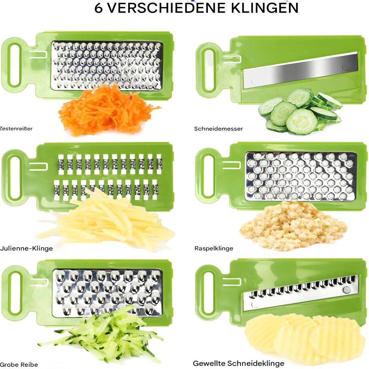 Ein grüner Lebensmittelschneider mit sechs verschiedenen Klingeneinsätzen.