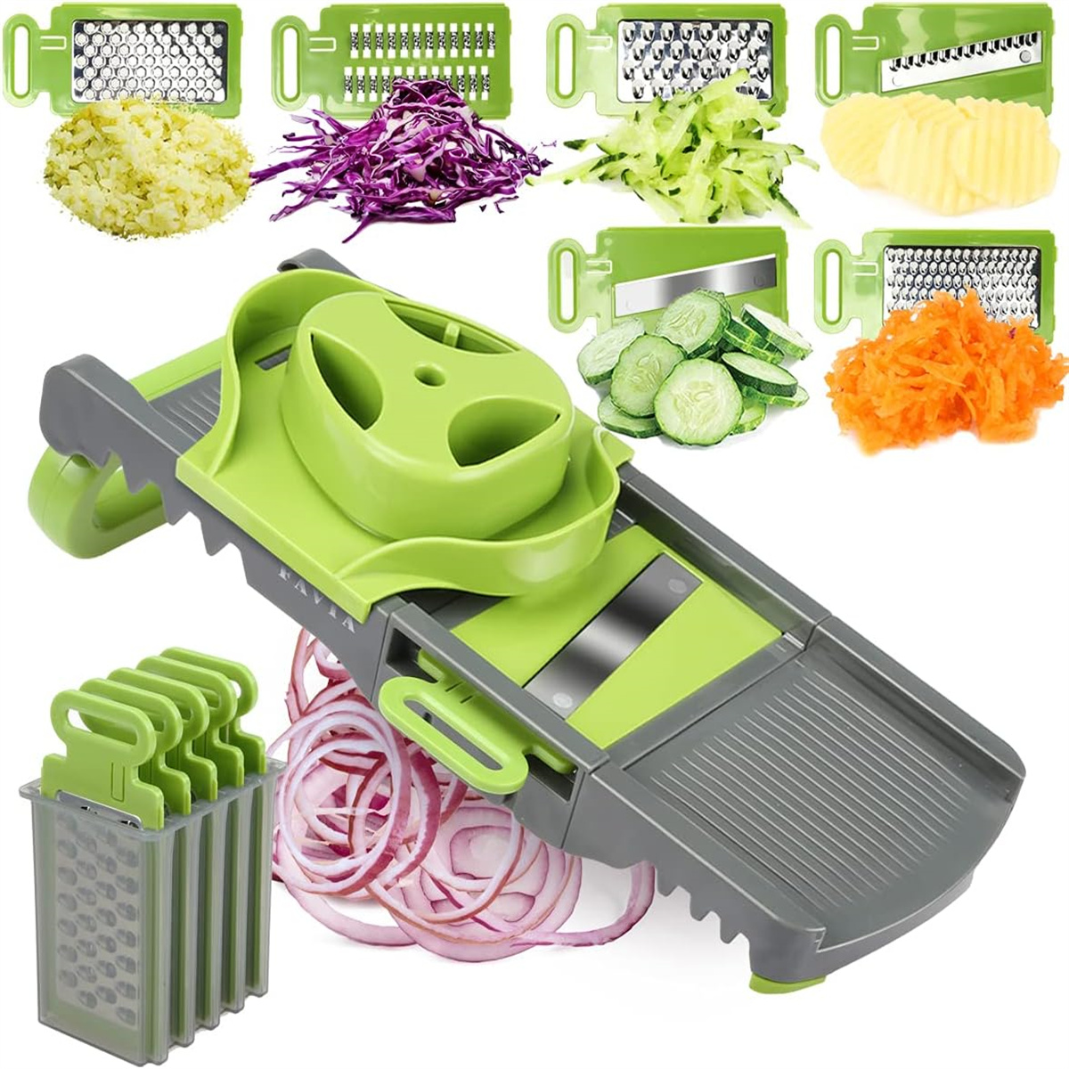Grüner und grauer Küchenschneider mit Gemüse wie Kartoffeln, Kohl und Zwiebeln.