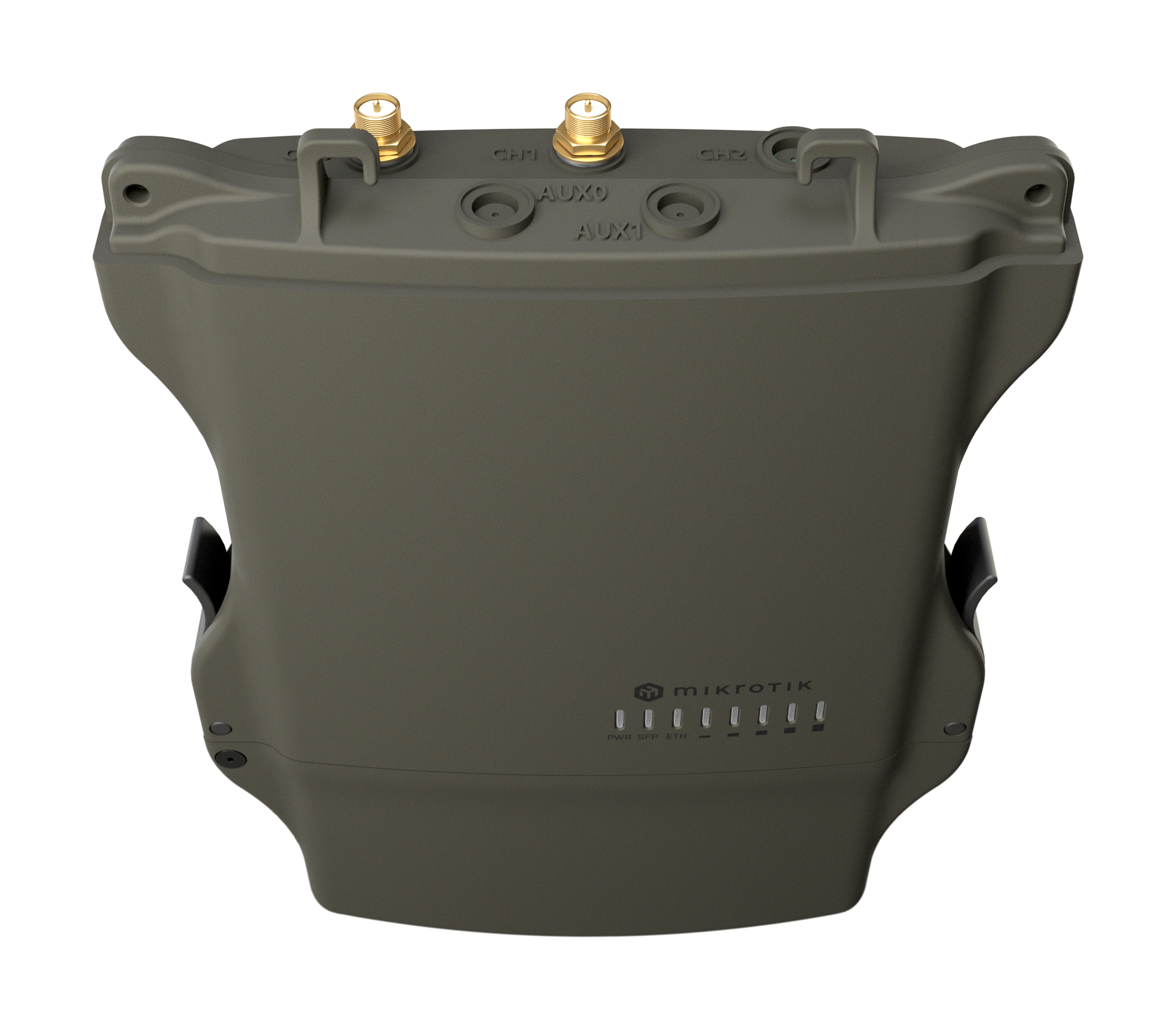 Szare urządzenie sieciowe Mikrotik. Posiada porty CH1, AUX0, AUX1, CH2 oraz panel świetlny PWR/SFP/ETH.