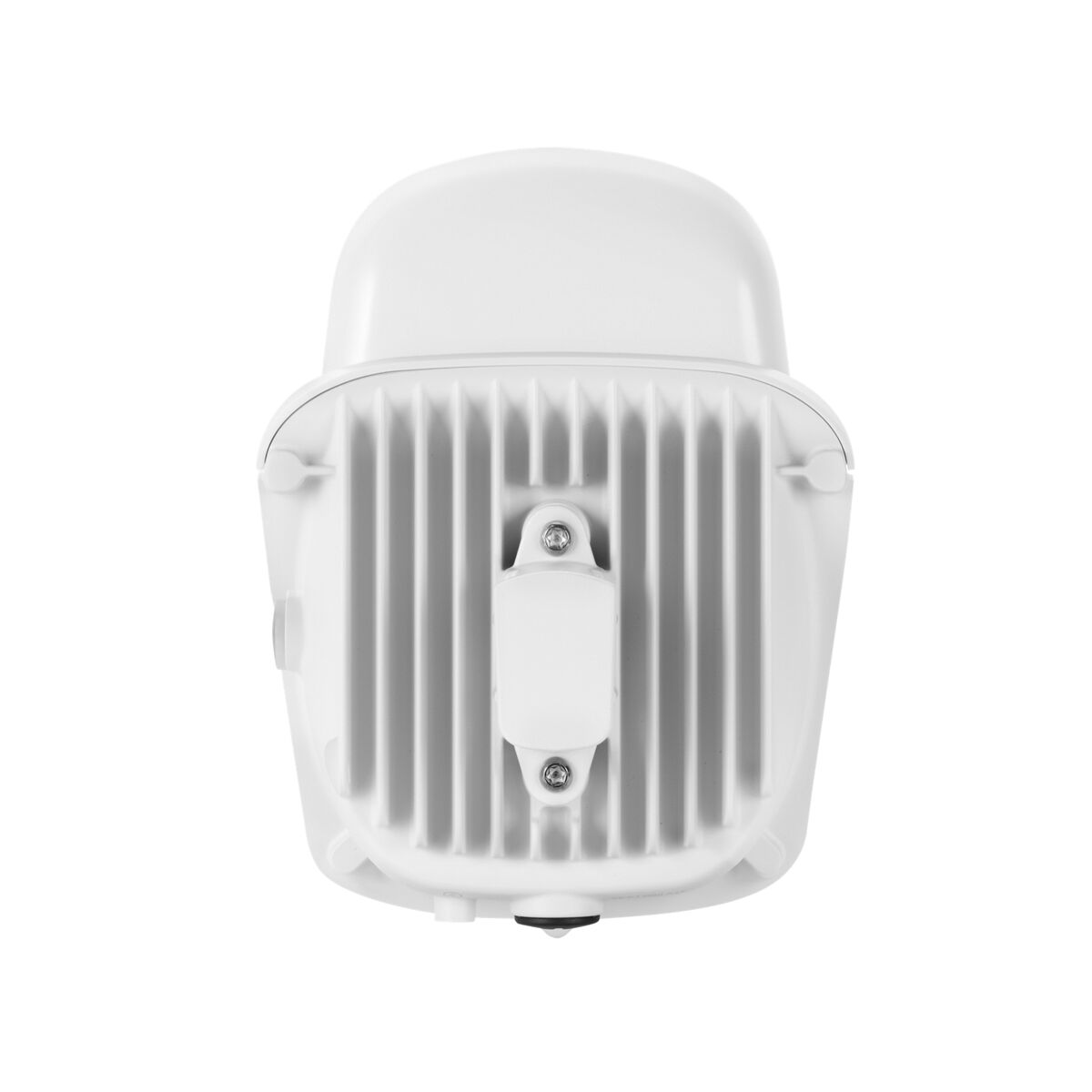 Białe urządzenie z pionowymi żebrami z tyłu. Ma biały wspornik montażowy.