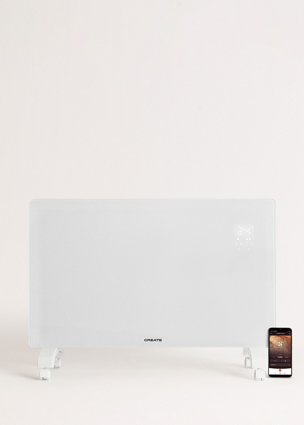 Calentador eléctrico blanco con pantalla digital mostrando 24. Teléfono negro a la derecha.